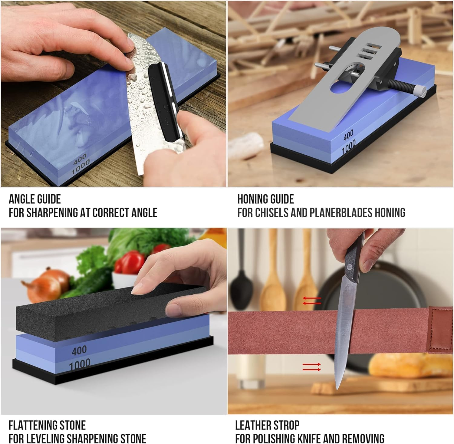 Knife Sharpening Stone Set, Premium 4 Side Grit 400/1000 3000/8000 Whetstone Sharpener Kit, Non-Slip Bamboo Base, Cut Resistant Gloves, Flatting Stone, Leather Strop (ND-Z565-11) image number 1