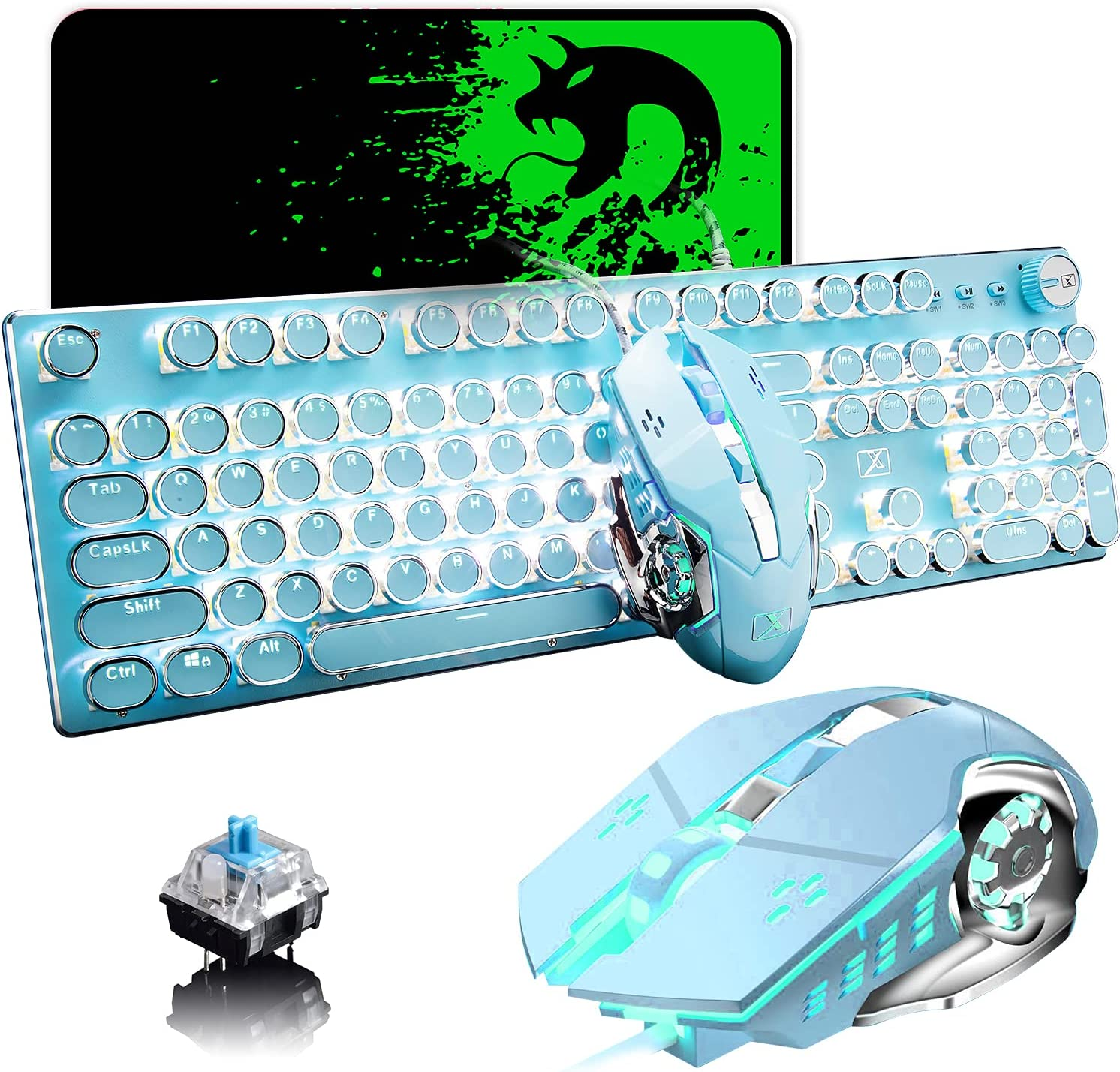 Gaming Keyboard and Mouse,Retro Steampunk Vintage Typewriter-Style Mechanical Keyboard with White LED Backlit,104-Key Anti-Ghosting Blue Switch Wired USB Metal Panel round Keycaps(Pink)