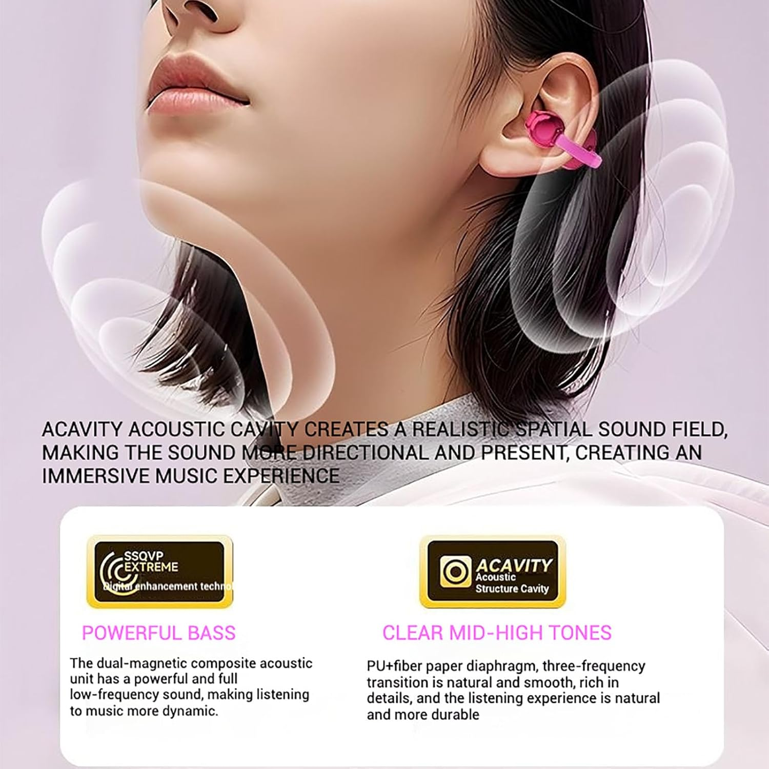 Fashionable Clip-On Wireless Headphones, X22 Clip on Wireless Headphones, Ear Cliheadset with LED HD Display, Ipx5 Waterproof Open Ear Bluetooth Earbuds (White with Decor) - Blue image number 3