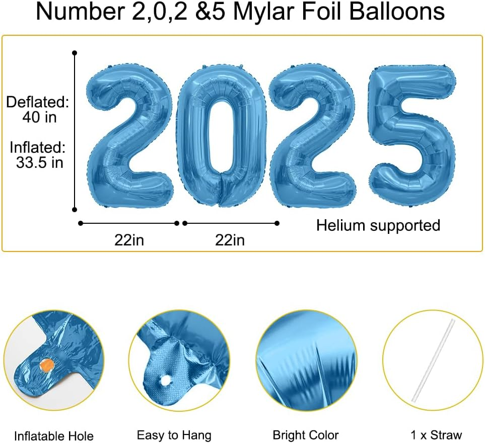 2025 Balloons Blue 2025 Foil Number Balloons, 40 Inch 2025 Balloons New Year, Large 2025 Mylar Balloons for 2025 New Years Eve Party Supplies Festival Birthday Anniversary Graduation Decorations image number 5
