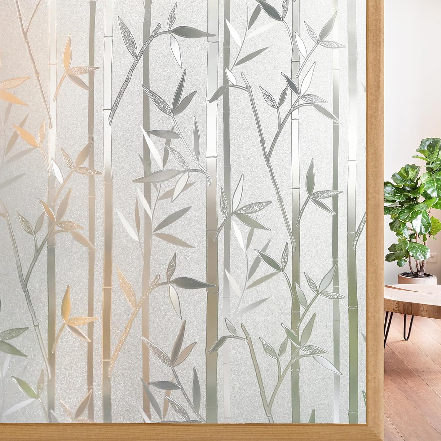 Rabbitgoo Bamboo Window Film Stained Glass Window Privacy Films Frosted Window Covering Decorative Window Cling Non-Adhesive Removable Window Decal No Glue Window Sticker for Home 60 X 200 Cm image number 3