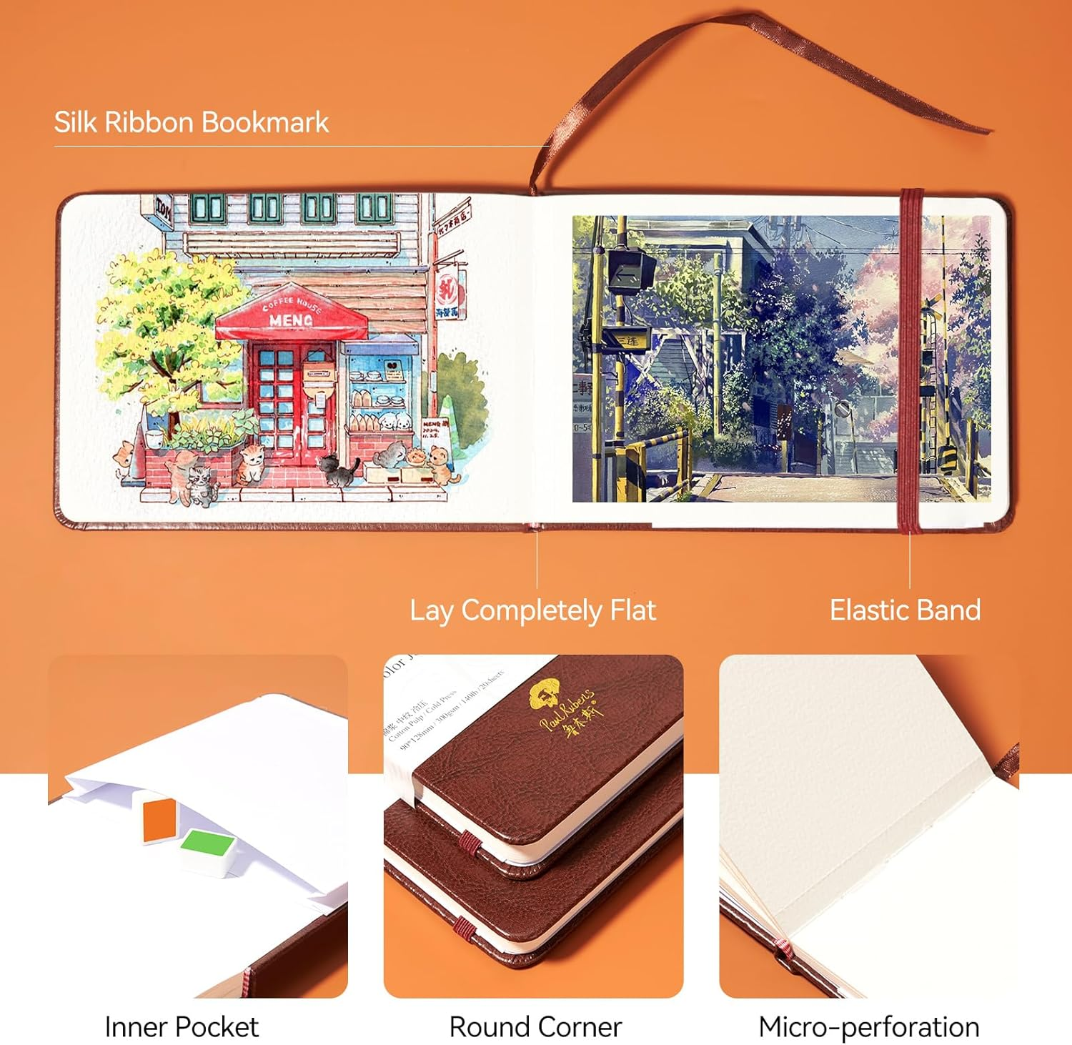 Paul Rubens Watercolor Journal, 100% Cotton Acid-Free Cold Press Watercolor Sketchbook 3.54 * 5.04 Inches, 140Lb/300Gsm,20 Sheets for Watercolors, Gouache, Acrylics