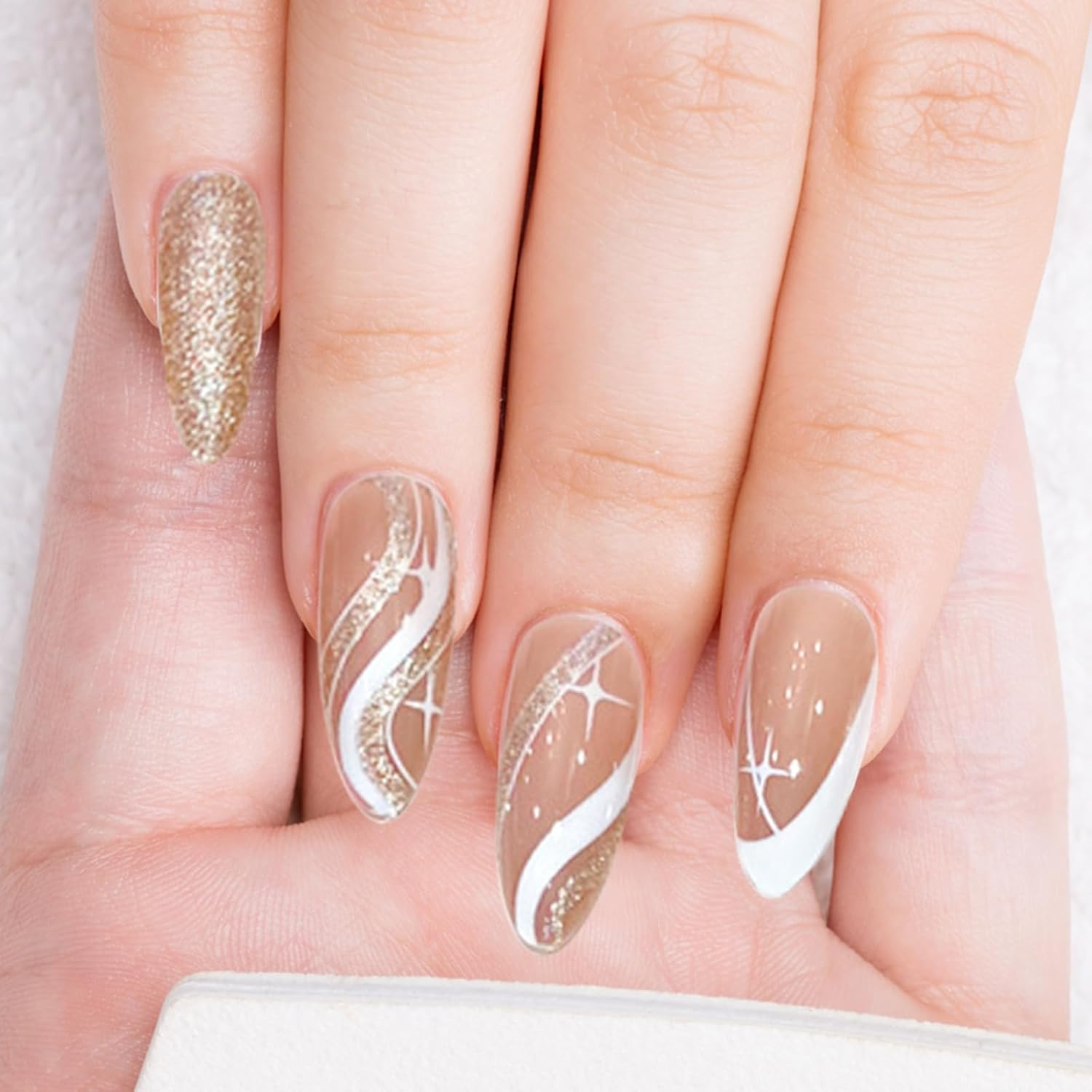 BUOKSLLY 24 Pieces Almond Shape Push on Nails, Matte Black & Gold Glitter, Nail Art Set, Stick on Nails for Daily Use, Party & More image number 1