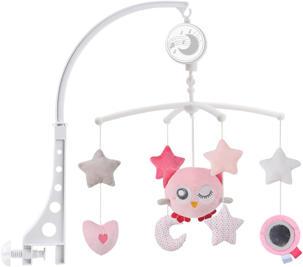 Baby Musical Crib Mobile with Hanging Rotating Plush Pink Owl Pendant Toys, Winding Drive Music Box, Infant Bed Decoration for Newborn Boys and Girls image number 4