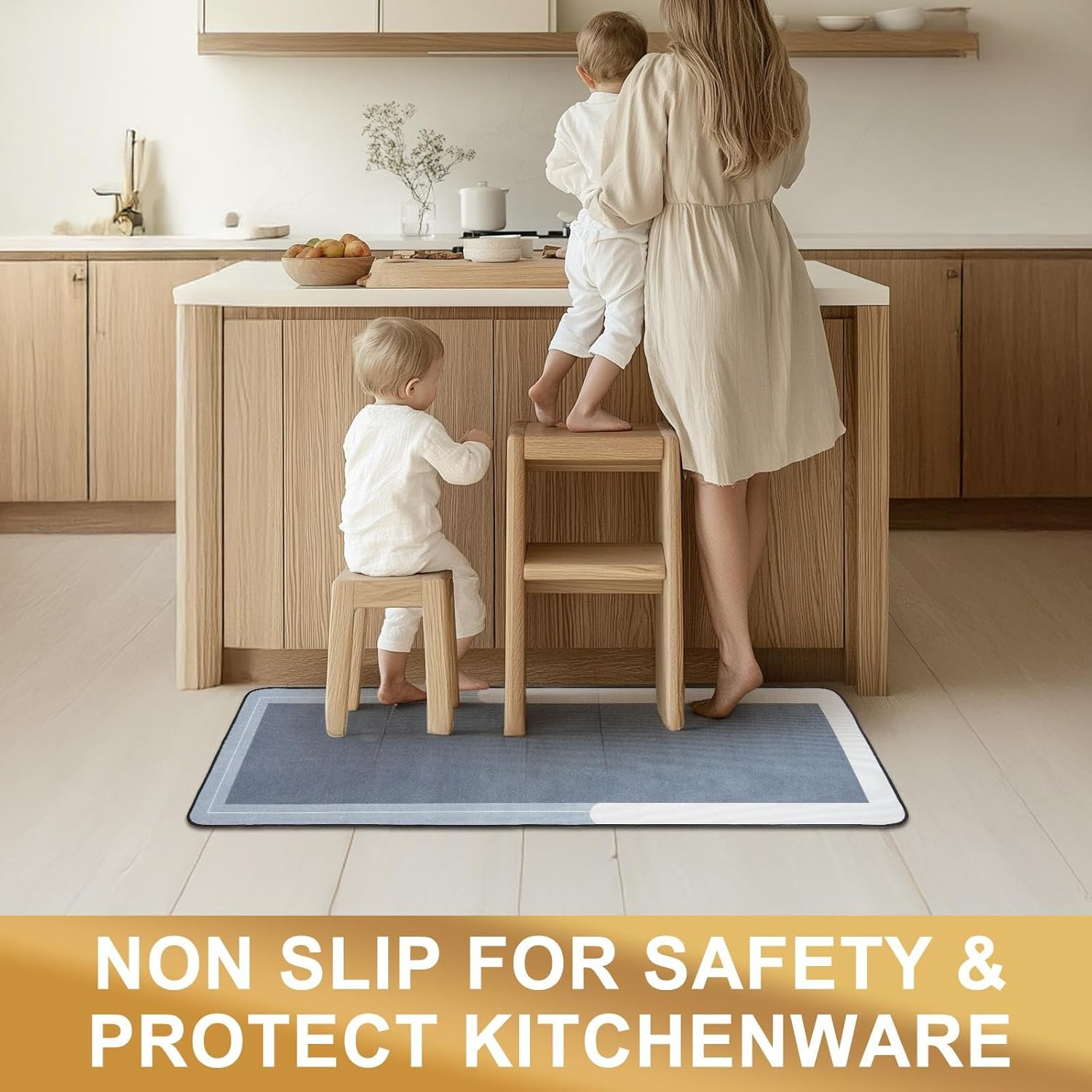 KANGA ROOM Kitchen Rugs and Mats 2PCS Set, Waterproof Non Slip anti Fatigue Kitchen Mat, Cushioned Kitchen Floor Mats for Standing, Kitchen Mats Non Slip, Laundry Rugs, 51X72Cm+51X153Cm, Gray and Blue image number 2