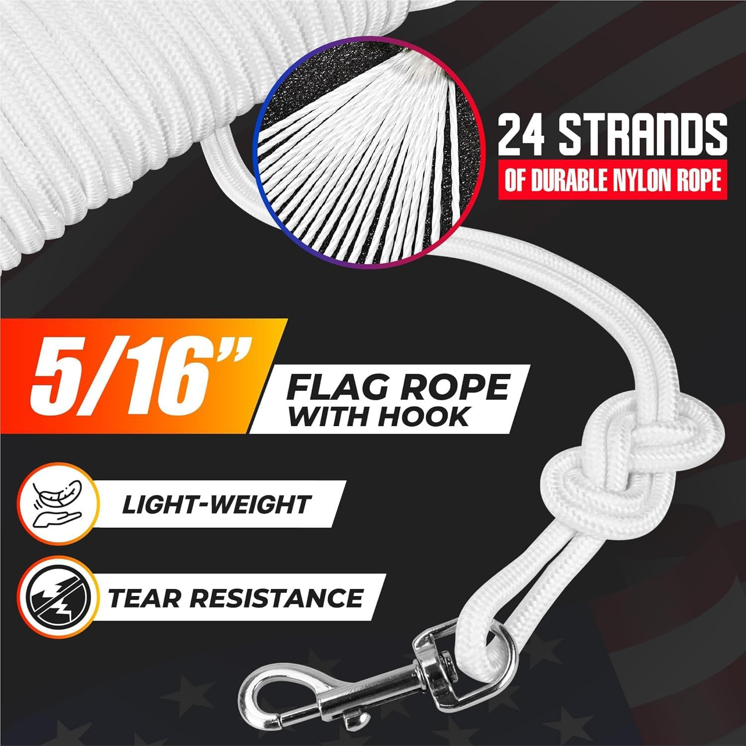 [Upgraded] 5/16&rdquo; 100Ft Flagpole Rope Kit with 4 Pcs 3.3&rdquo; Swivel Snap Hook - High Weight Bearing Anti-Tearing Utility Rope with Durable Zinc Alloy Swivel Hooks - Flag Pole Accessories Replacement Kit image number 1