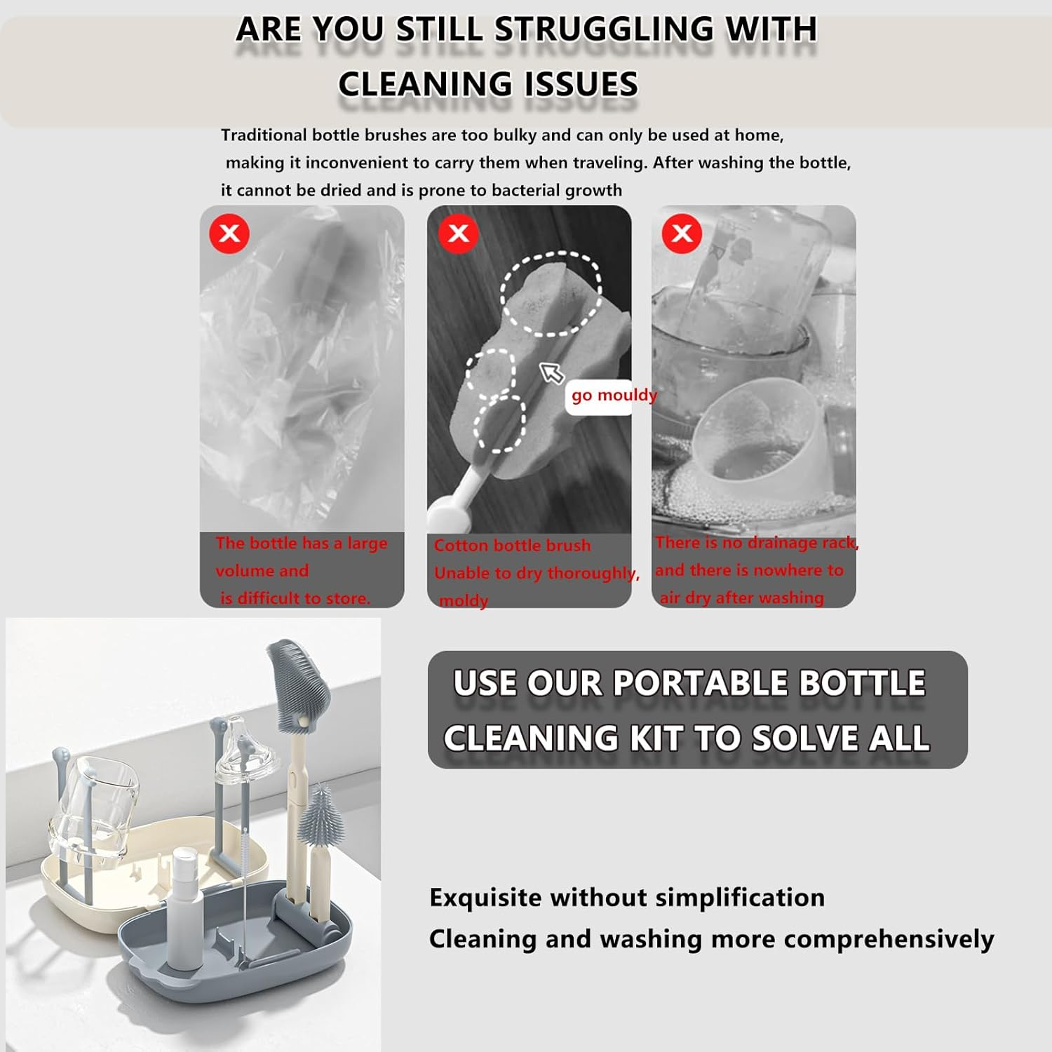 Travel Baby Bottle Brush Set with Portable Silicone Bottle Brush Nipple Cleaner Brush Straw Brush Soap Dispenser and Bottle Drying Rack image number 3