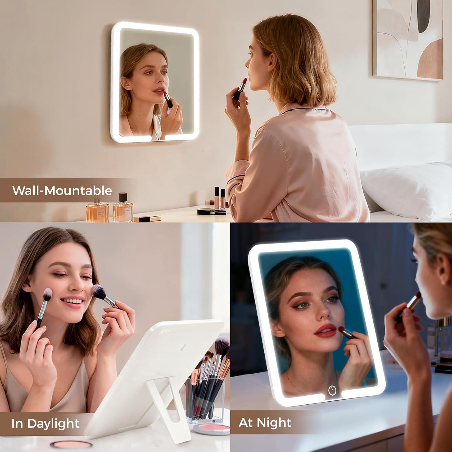 LED Makeup Mirror, Caffobiz Portable Mirror with 3 Adjustable 3 Light Modes, Usb-Rechargeable (Type-C Included), 20Cm*23Cm, Touch Control, 2000Mah Battery for Travel, Home, Dorm image number 1