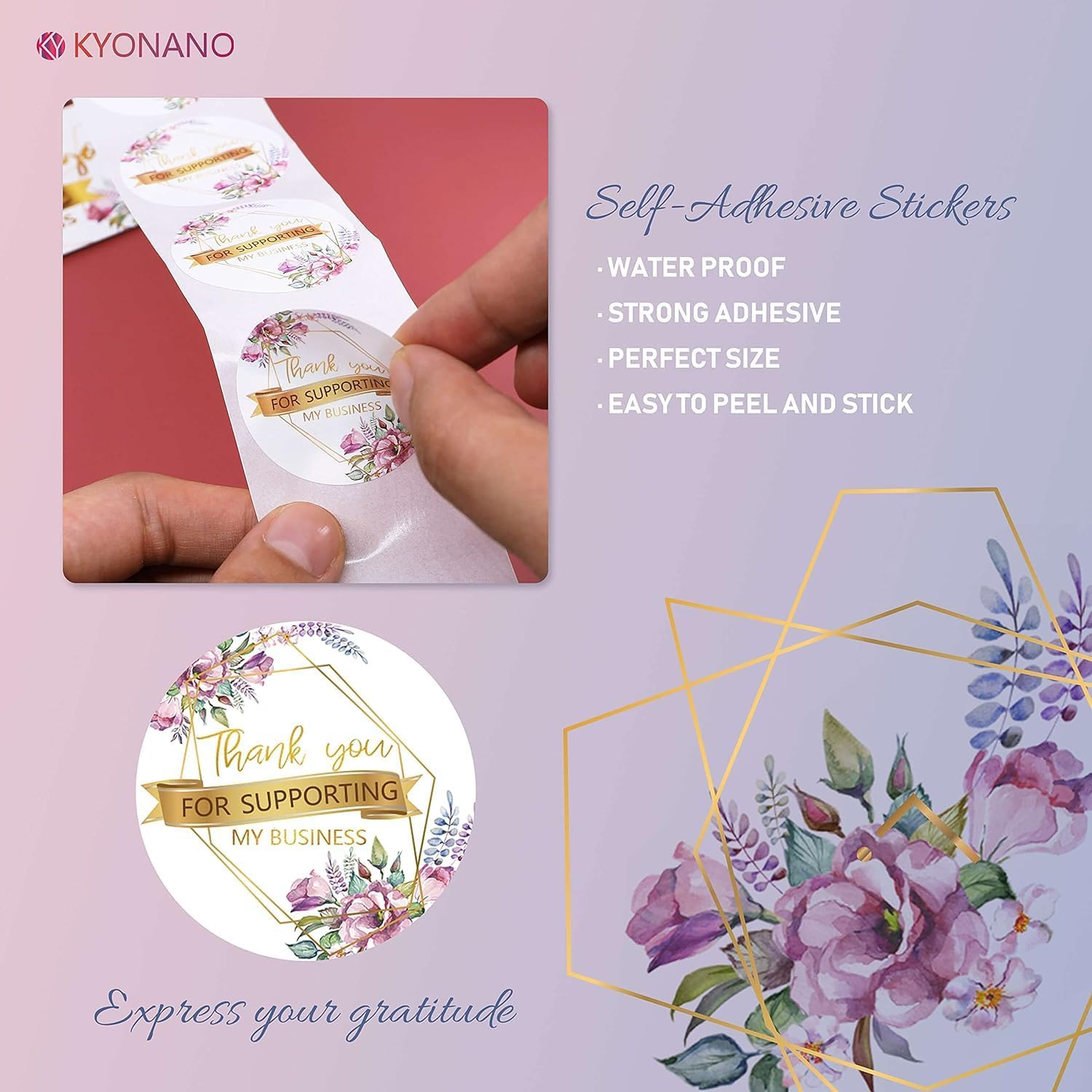 KYONANO 1200Pcs Thank You Stickers Small Business, Pink Flower Gold Font Design Thank You Stickers Roll 3.8Cm for Small Business Gift Packaging Wedding Envelope Seals Thanksgiving Self-Adhesive Labels image number 3