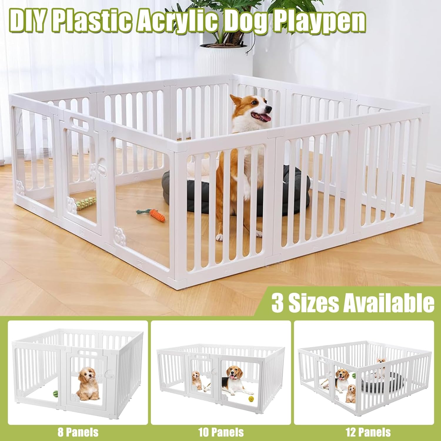 LIODUX Modern Dog Playpen, Clear Acrylic Plastic Puppy Playpen, Design Transparent Freestanding Pet Pen Fence, Easy Assemble Foldable Dog Crate for Puppy Cat Bunny (White, M, 10 Panels) image number 4