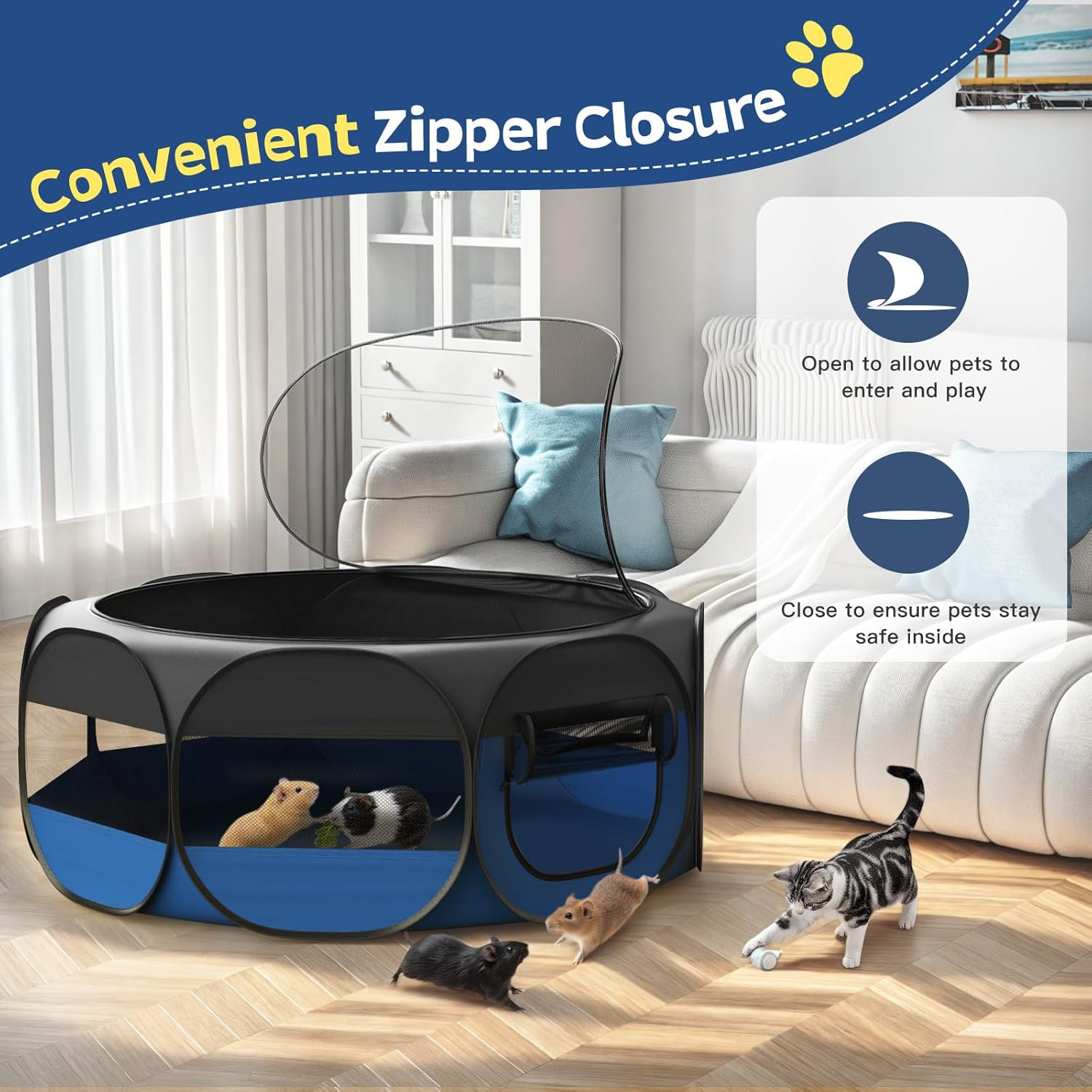 Vavopaw Pet Playpen for Small Animals, Breathable Cat Tent with Removable Zip & Waterproof Base, Portable Cat Playpen for Puppies, Rabbits, for Indoor/Outdoor, Black + Blue image number 3