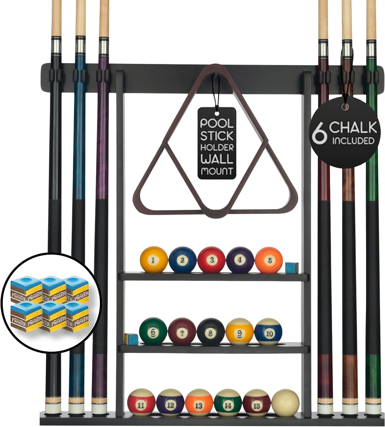 Pool Cue Rack - Pool Stick Holder Wall Mount with 16 Ball Holders & 6 Pack of Chalk - Rubber Circle Pads & Large Clips Prevent Damage - Compact Billiard Table Accessories for Man Cave image number 3