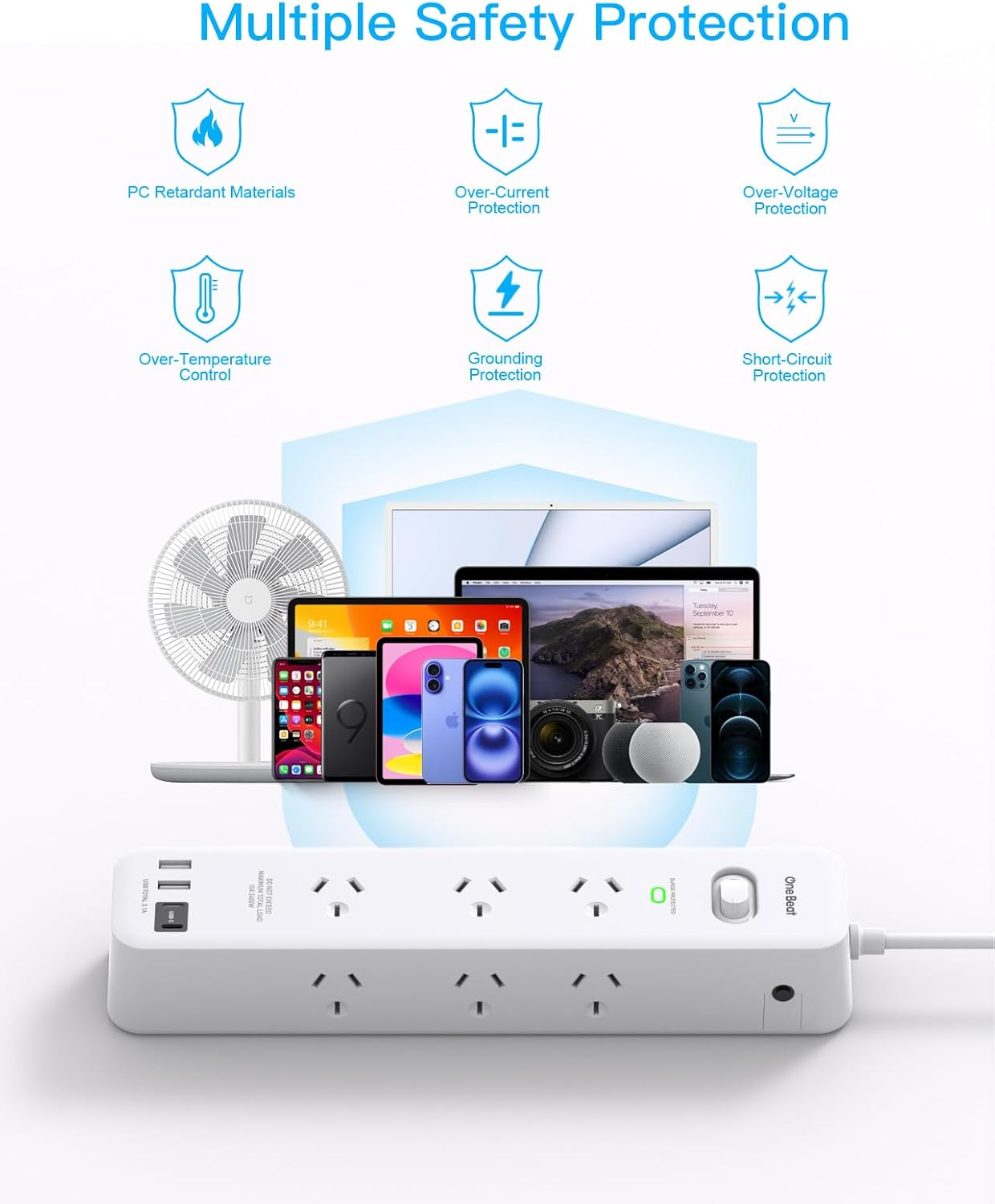 One Beat Surge Protected Power Board with 9 AC Outlets & 4 USB Ports (2&times;USB-C), USB Power Board with 1.8M Extension Cord, 900J Surge Protector,Wall Mount for Office, Dorm, Home Essentials image number 1