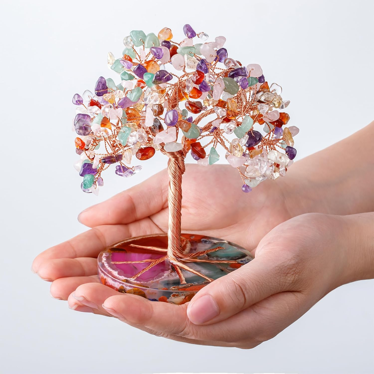 Zenbless 7 Chakra Healing Crystals Stones Tree, Colorful Crystal Stone Leaf Wire Wrapped on Natural Agate Slice Base, Home Office Desk Living Room Feng Shui Decoration for Wealth and Luck - Colorful image number 3