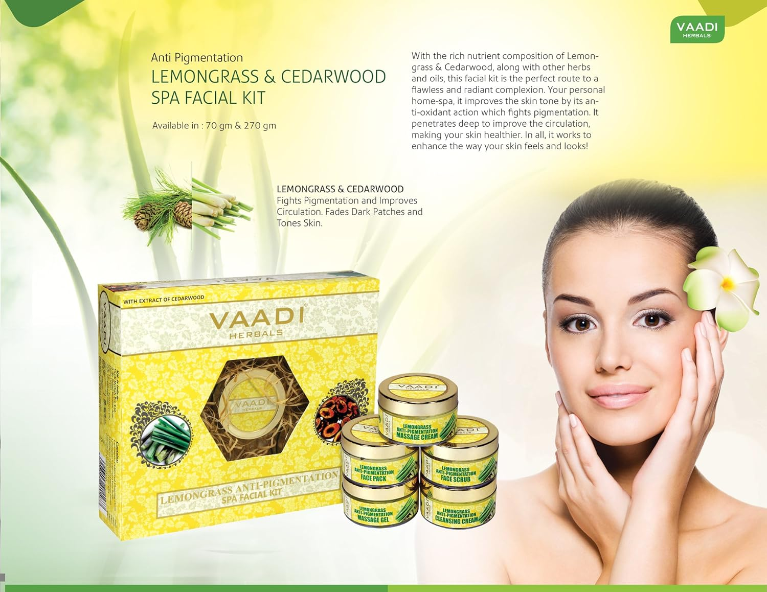 Vaadi Herbals Organic Facial Kit (Cleansing Cream + Face Scrub + Massage Cream + Face Pack ) - Lemongrass anti Pigmentation Spa Facial Kit with Cedarwood Extract - anti Aging Skin Care Acne Kit- Reduce Wrinkles under Eye Dark Circles - Sulfate Free - for Men Women All Skin Types - All Natural 70 Gms image number 3