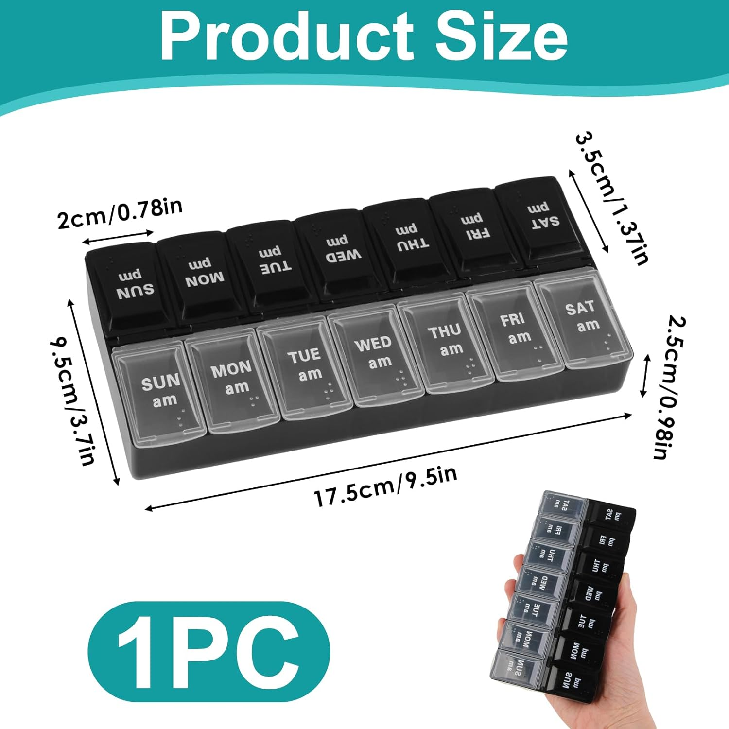 Bushhaven Pill Organiser Box - Weekly 7-Day AM/PM Pill Case with 14 Removable Compartments for Vitamins, Fish Oil, Supplements & Medication | Portable Travel Pill Organiser Box (Black)