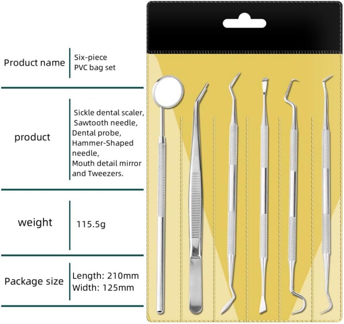 Dental Tools, Professional Teeth Cleaning Tools Dental Hygiene Tools Kit Stainless Steel Plaque Remover Tartar Scraper(Pack of 6) image number 6