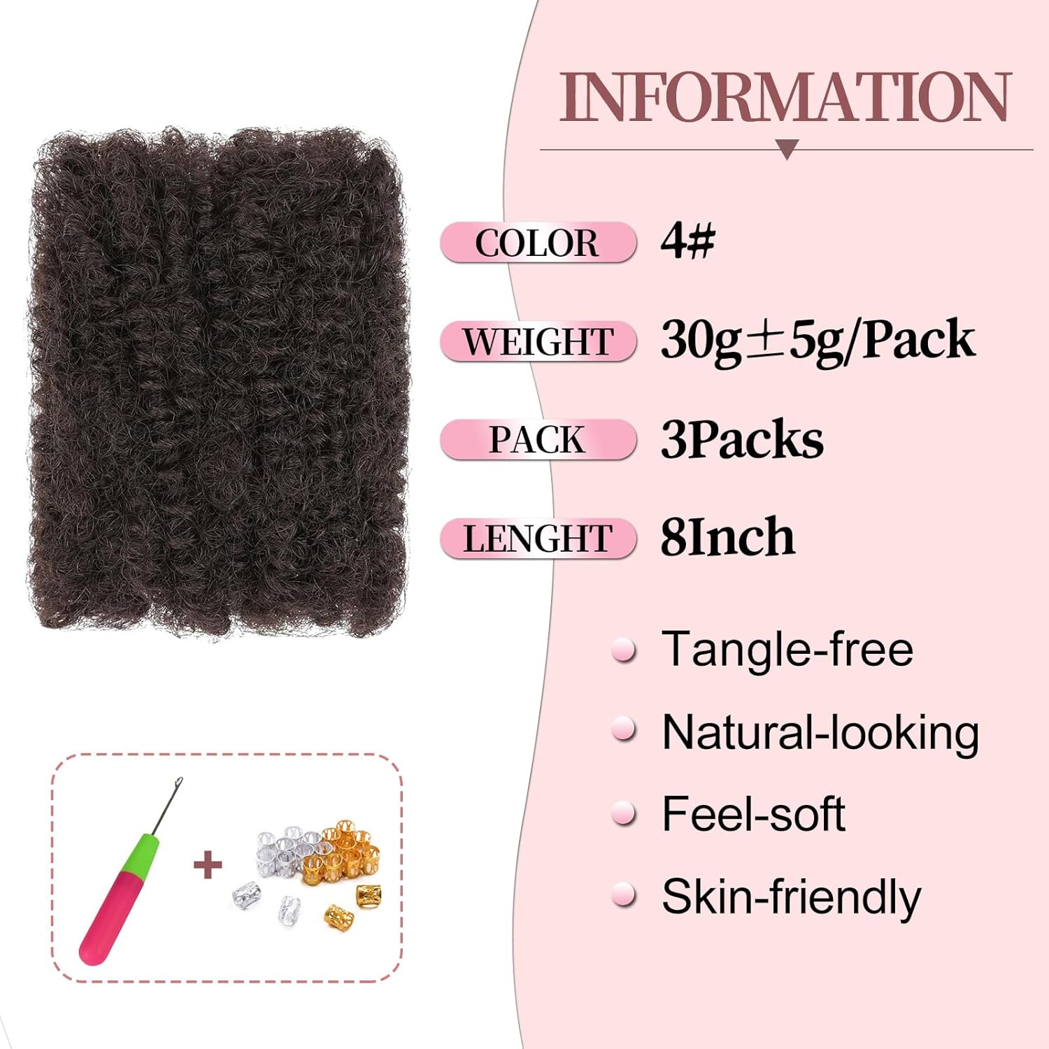 SHIHERESH 8 Inch Afro Kinky Curly Braiding Hair Bulk for Dreadlock Extensions 3 Bundles Marley Twist Hair Bulk for Micro Locs Spring Afro Twist Braids and Repair Locs (4#, 30 G/Pack) image number 5