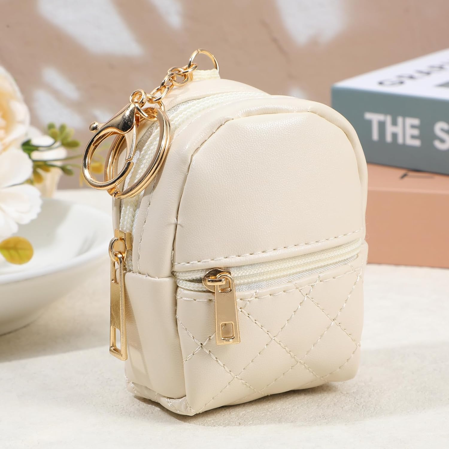 Mini Backpack Beige with Key Fob, Lipstick Case, Cosmetic Bag, Small Bag Shape and 2 Layers Zip Pocket, Pendant Can Be Used by Keys, Change or as a Pendant image number 6