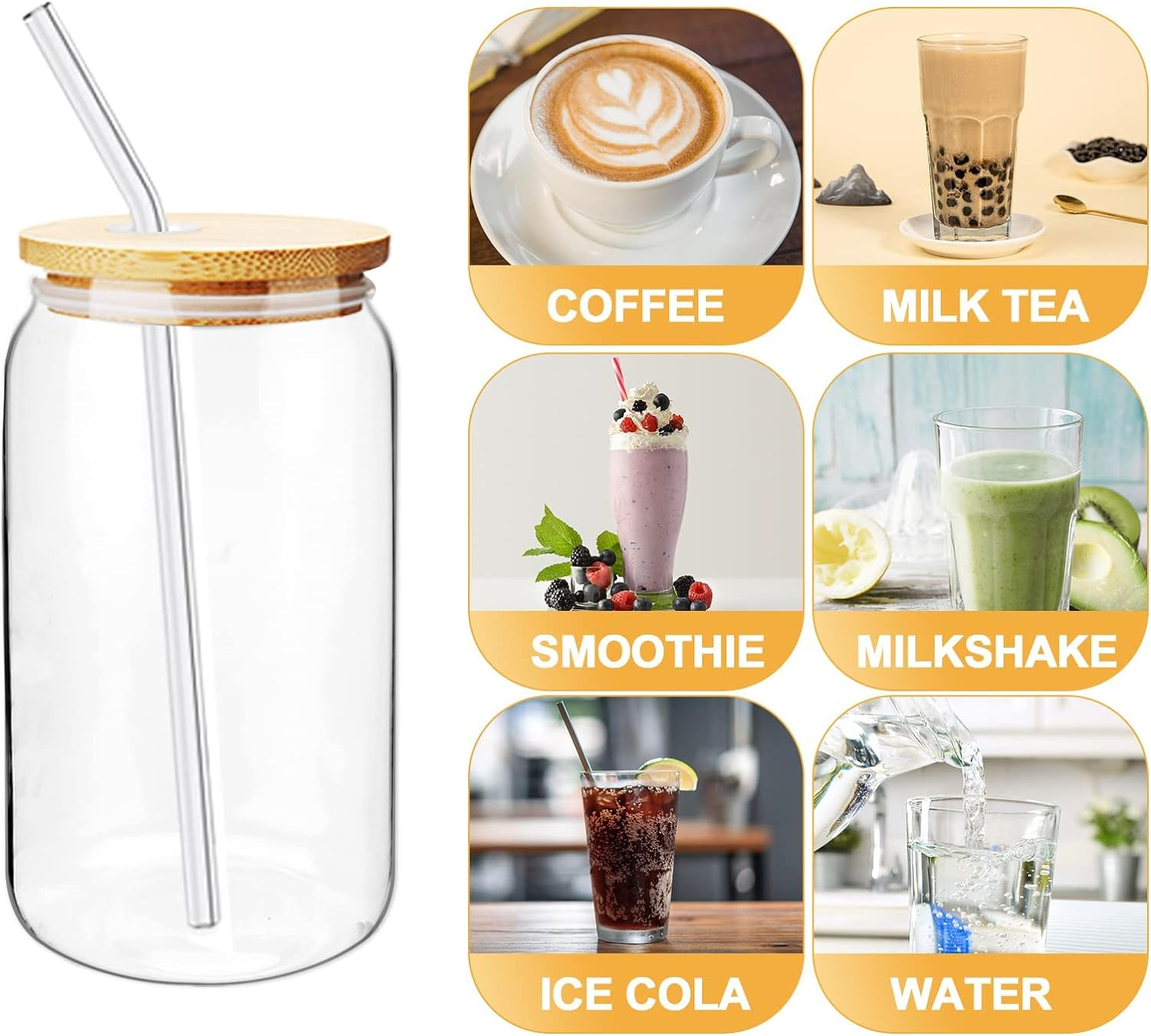 D.M DESIGN&middot;MASTER [Pack of 4, 590 Ml] Premium Drinking Glasses with Bamboo Lid and Glass Straws, Long Drink Glasses, Can-Shaped Glass Cups, Perfect for Beer, Cocktails, Iced Coffee, Iced Tea and Soda. image number 1