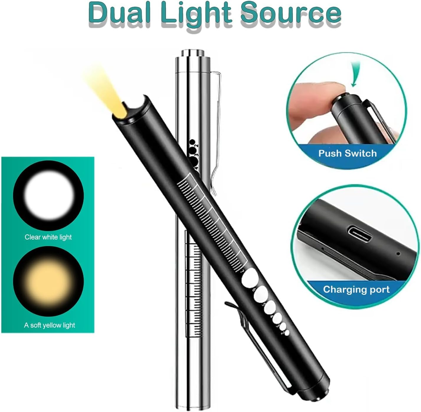 KEWAYO 2Pcs Pen Light, Reusable LED Penlight for with Pupil Gauge & Ruler, USB Rechargeable, Extra Warm Light Bulb, Pocket Clip Mini Flashlight(Black, Silver) image number 6