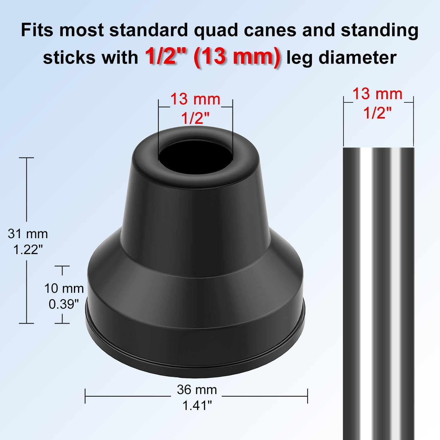 Supregear Quad Cane Tips (4-Pack) - Heavy Duty Rubber 13 Mm Cane Tip - Non-Slip Extreme Grip Cane Replacement Foot - Accessories for Walking and Standing Stick for Women, Men, Seniors, Elderly