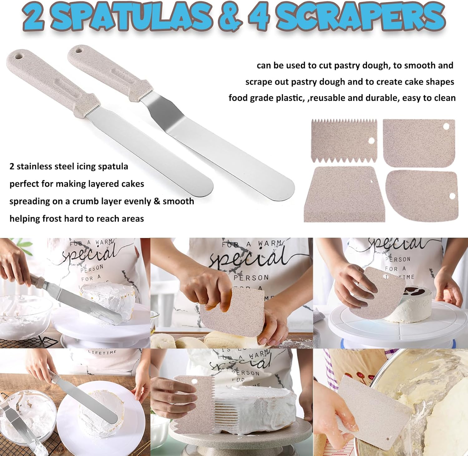 54Pcs Cake Decorating Kit Baking Tools Supplies with Cake Turntable, Cake Leveler, 27 Piping Nozzles, 2 Pastry Bag, 2 Coupler, 2 Spatulas, 4 Scrapers, 14 Fondant Embossers & 1 Cleaning Brush