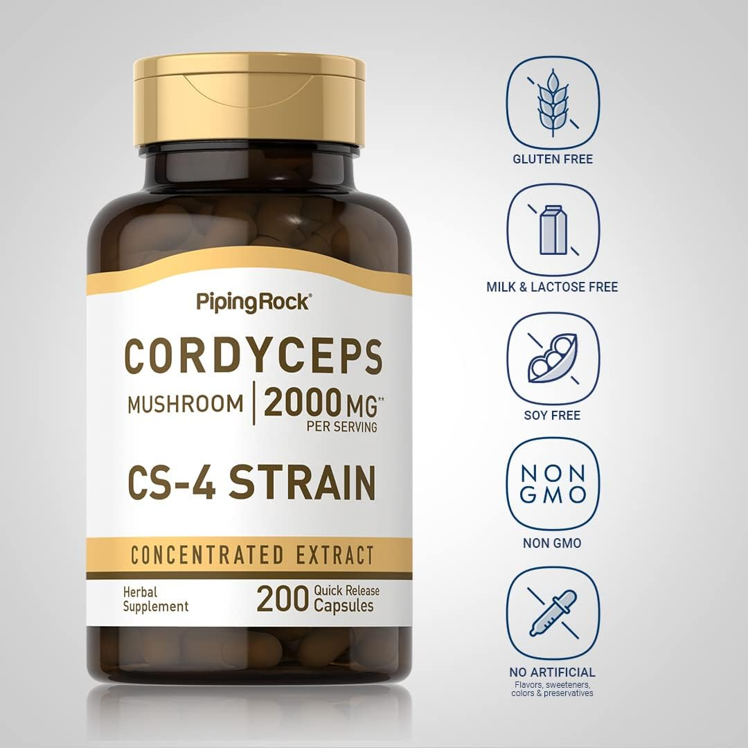 Cordyceps Mushroom 2000 Mg (Per Serving) | 200 Quick Release Capsules | Non-Gmo, Gluten Free | by Piping Rock image number 3