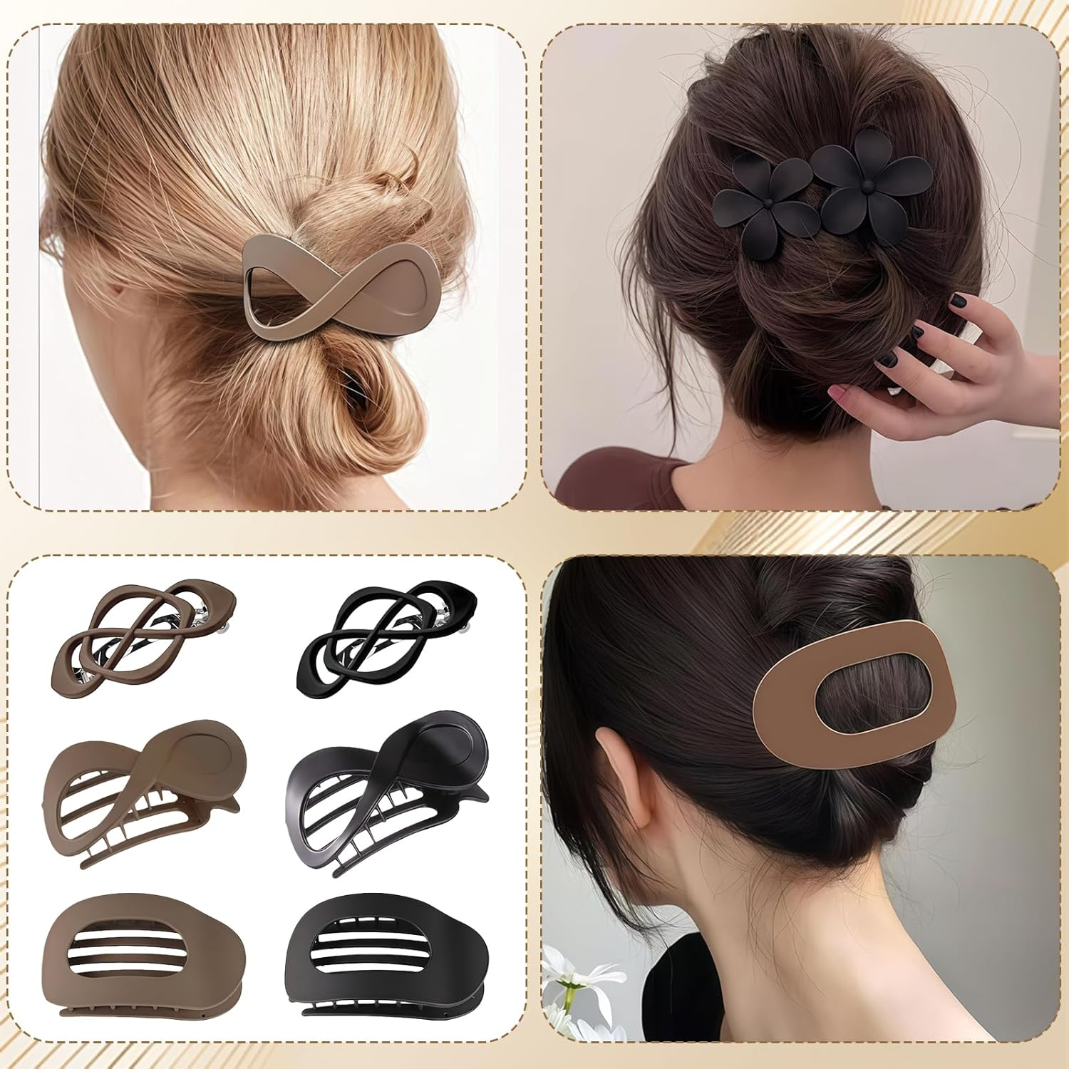 6 Pcs Flat Hair Claw Clips, Large Flat Claw Clip Set with Strong Hold, Non-Slip Hair Claw for Women, Girls, Professionals for Daily Wear, Parties, Styling (Black & Brown) image number 4