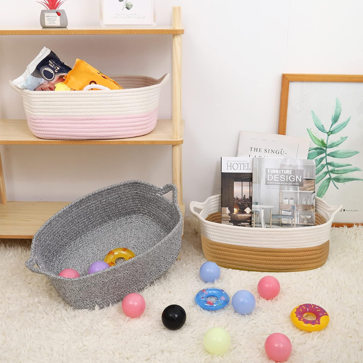 Abenkle Small Storage Basket with Handles, Cotton Rope Woven Dog Cat Toy Bin, Decorative Shelves Closet Organizing for Nursery Laundry Bedroom Bathroom, 14.2''X 11''X 5.1'' - All Pink image number 3