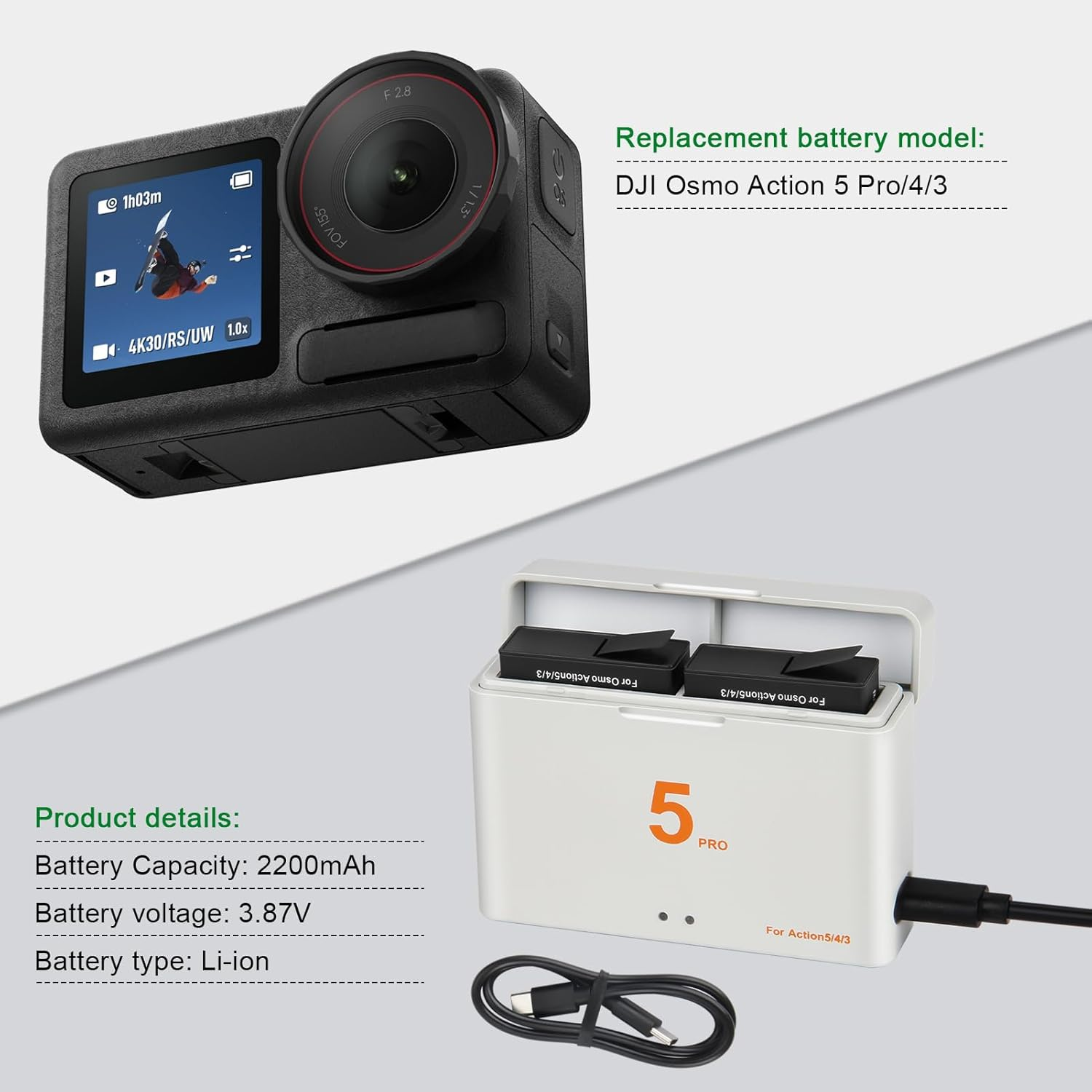 Pack of 2 Shentec 2200 Mah DJI Osmo Action 5 Pro/4/3, Batteries and LED Dual USB Charger Accessories, Compatible with DJI Osmo Action 3, Action 4, Action 5 Pro, Camera