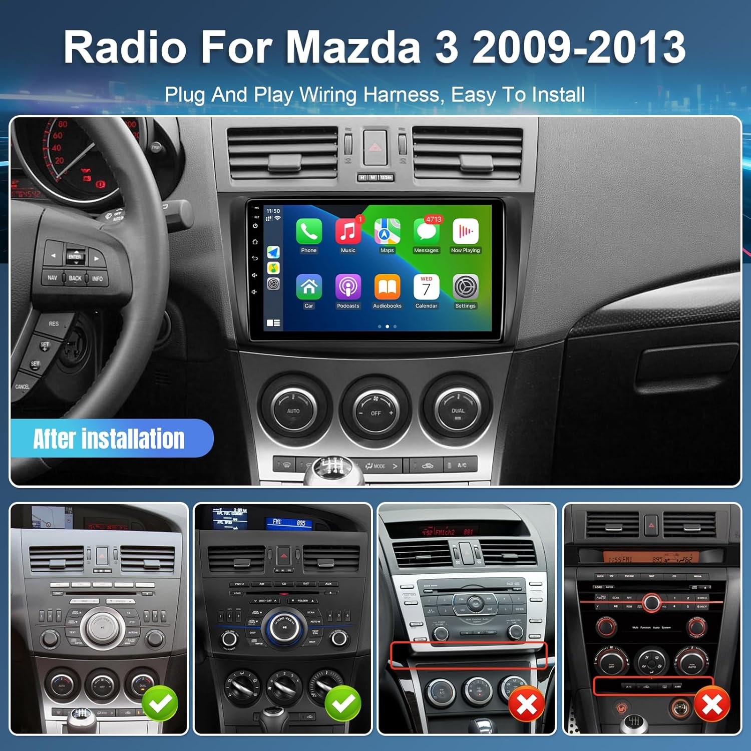 Car Radio for Mazda 3 2009 2010 2011 2012 2013 with Wireless Carplay Android Auto,9 Inch Touch Screen, Bluetooth,Gps,Wifi,Swc,Backup Camera image number 1