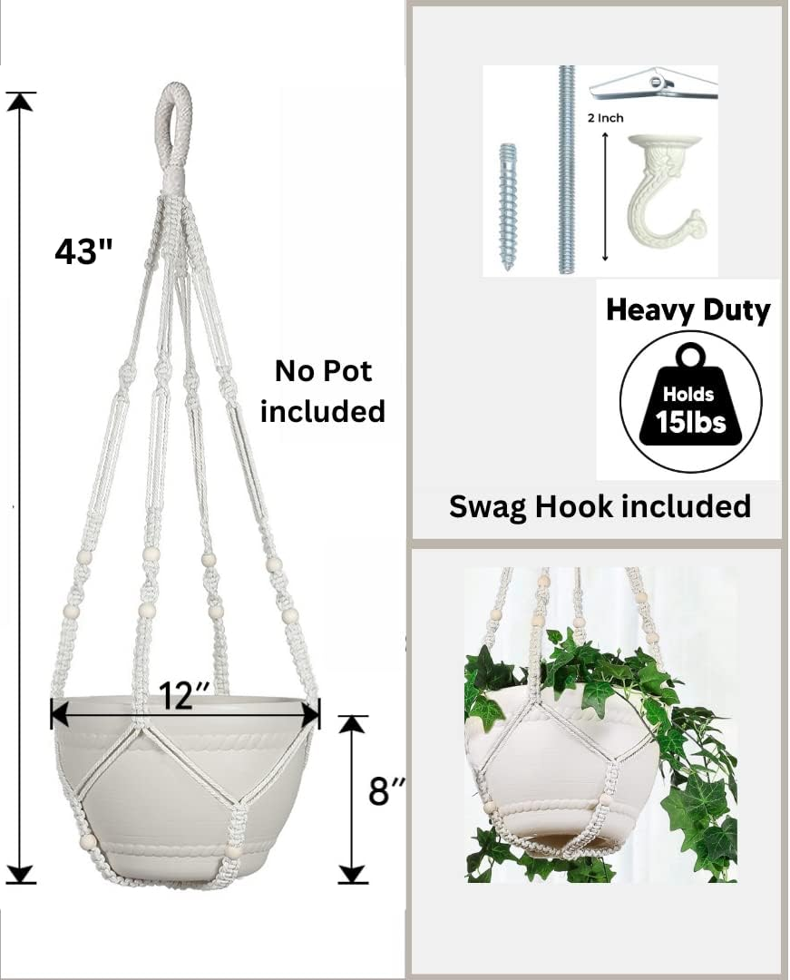 Shineloha 43 Inches Macrame Plant Hanger Large for up to 12 Inch Pot Extra Long + Hook | No Tassel, Cotton Rope Hanging Plant Holder with Swag Hook, NO Plant/Pot Included (White) image number 2