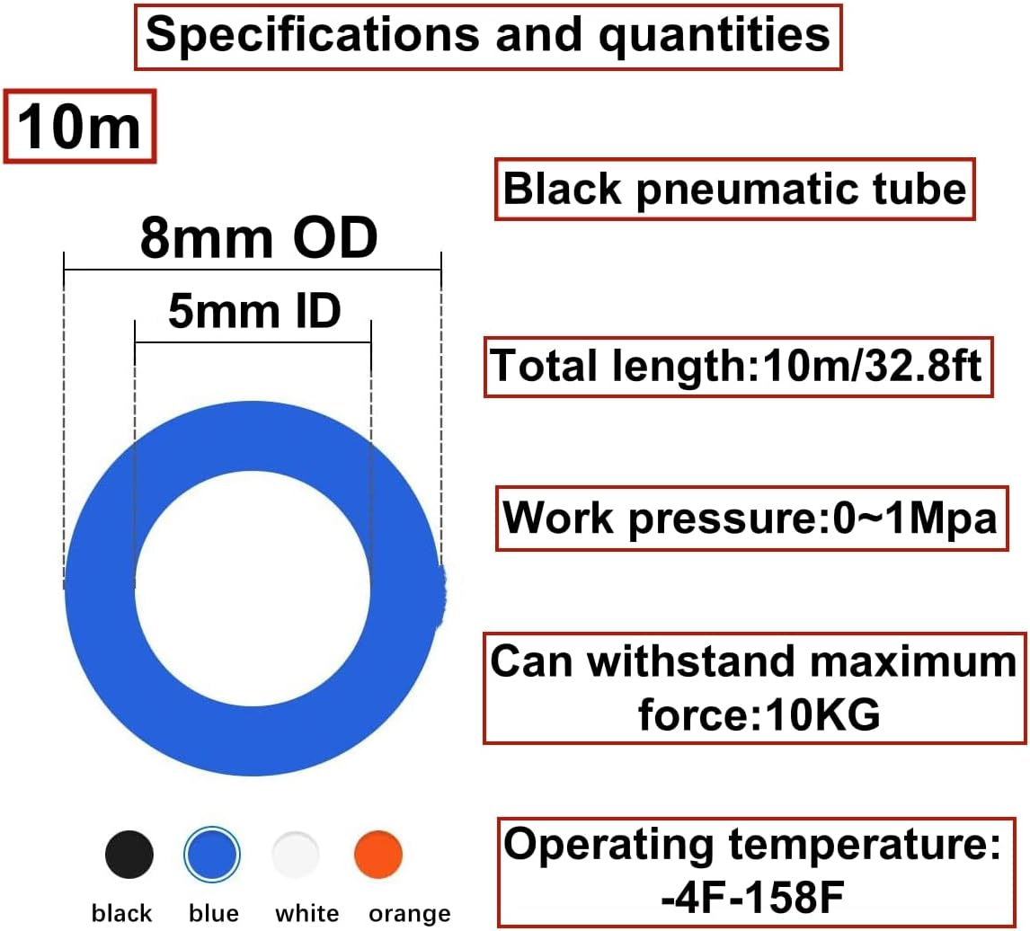 HUAZIZ 10 Metres PU Pneumatic Hose Flexible Compressed Air Hose Outdoor 8 Mm X Inner 5 Mm Black with 8 Pneumatic Connectors Air Push Quick Couplings (Y/T/L/I Shaped) image number 1