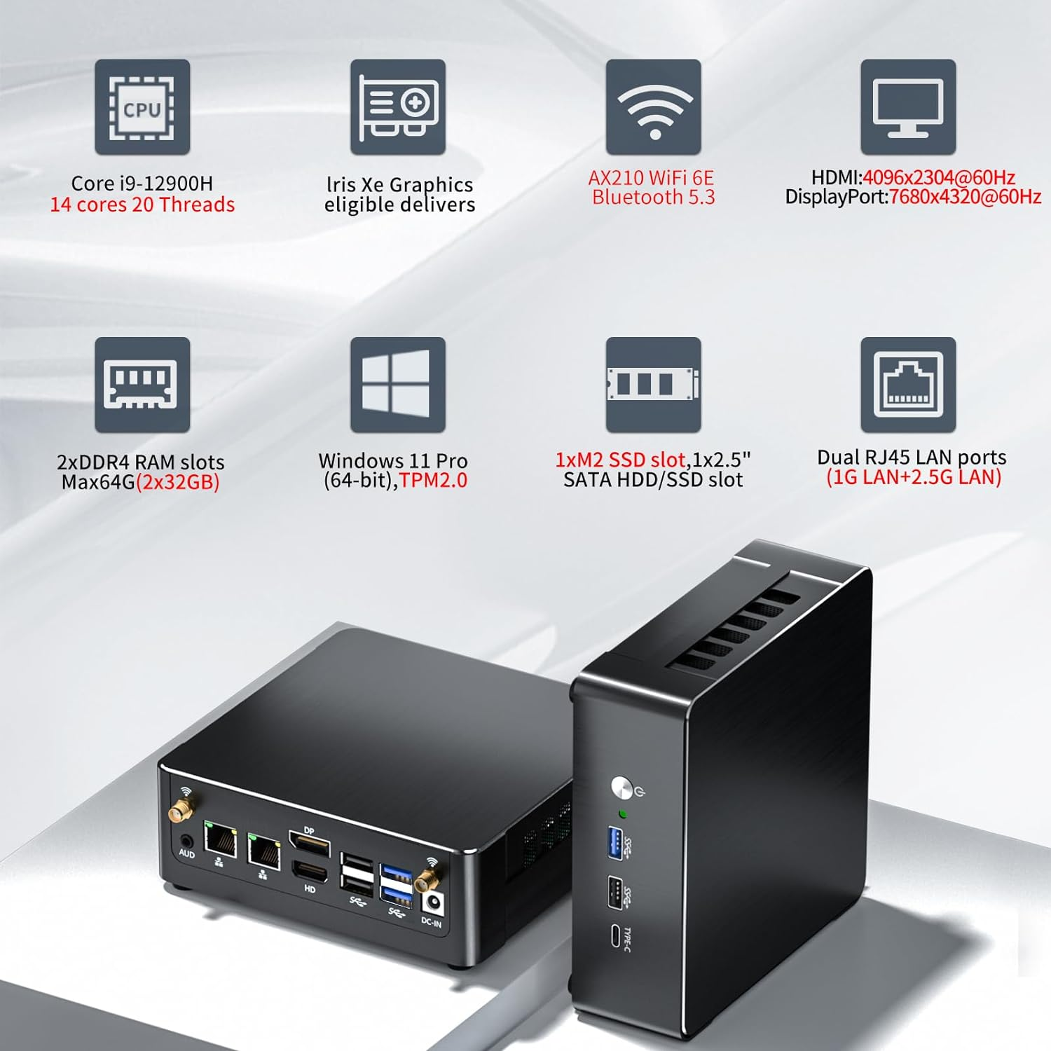 Mini PC I9, Desktop Computer with Core I9-12900H, 14 Cores Upto 5.0Ghz, Windows 11 Pro, 32G DDR4, 512G M.2 PCIE4.0 SSD, DP/HDMI/USB-C Triple Display, Support 8K/4K@60Hz, Dual LAN, Wifi6E/Bt5.3 image number 5