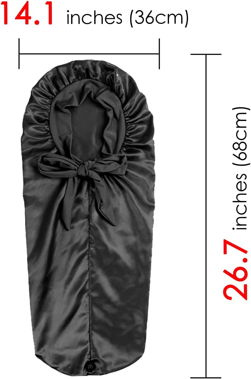 Extra Long Satin Bonnet for Women, Adjustable Braid Bonnet with Tie Band, Double Layer Elastic Silk Headwear, Black, One Size