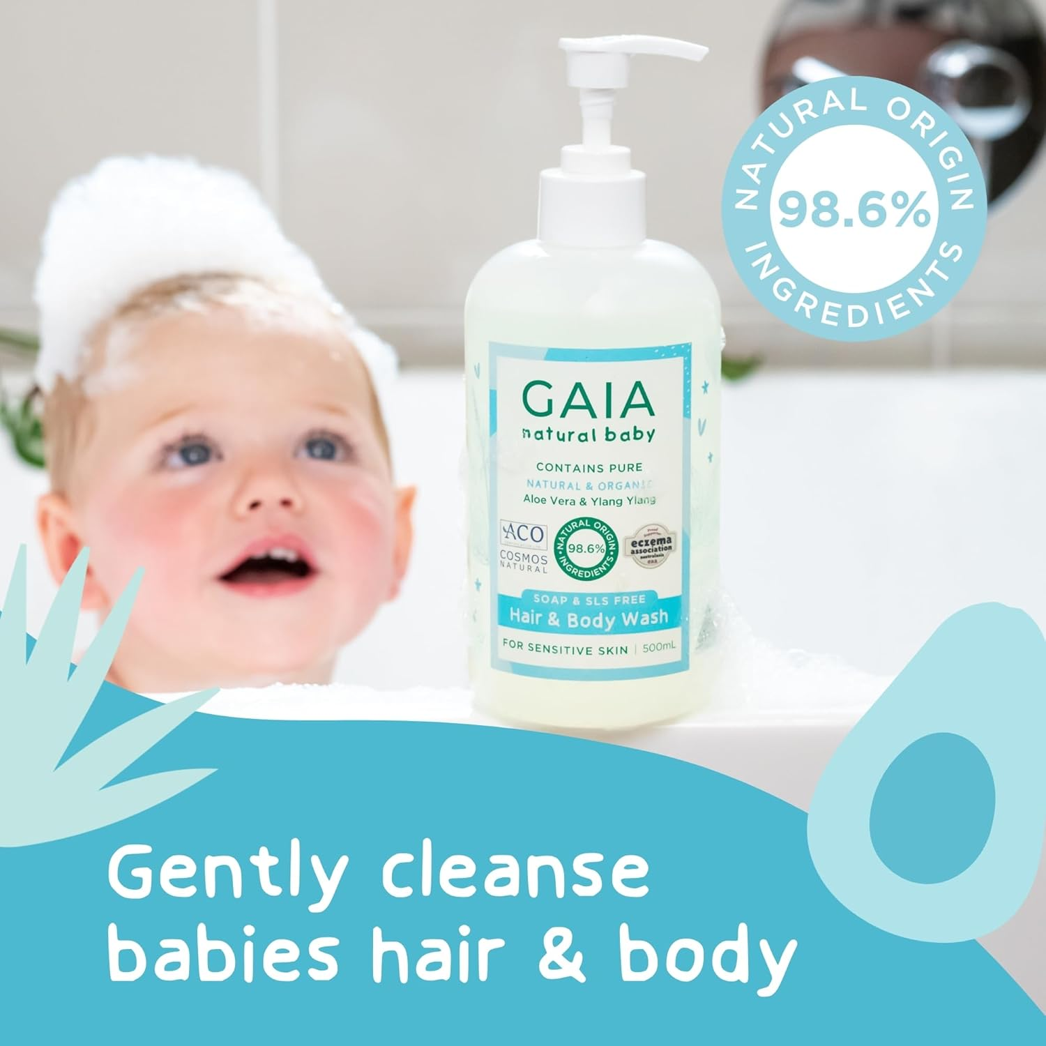 GAIA Natural Baby Hair & Body Wash | Certified Natural | Suitable for Newborns | Sensitive Skin Formula | Organic Aloe Vera | Soap Free | Perfume Free | Gentle Baby Wash | Australian Made | 500Ml image number 5