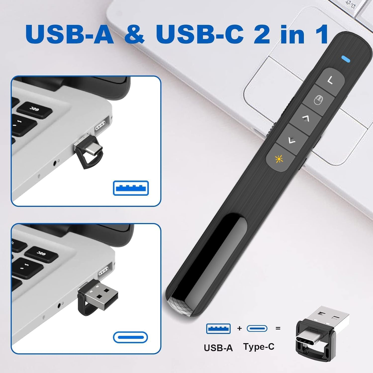 Wireless Presenter Remote with Air Mouse Control, Rechargeable USB Presentation Clicker PPT Pointer RF 2.4GZ Powerpoint Clicker Slide Advancer for Computer Laptop Mac, Red Light - Black image number 1