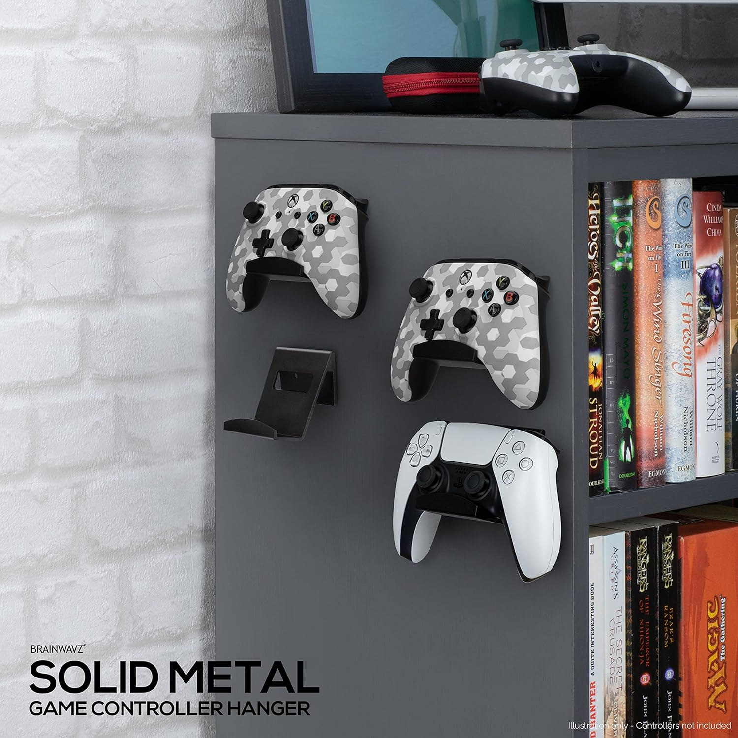 2 Pack Metal Controller Holder Stand Wall Mount for Xbox, PS5, PS4, PC & More Gaming Accessories, Adhesive & Screw Universal Fit by Brainwavz (Black) image number 1