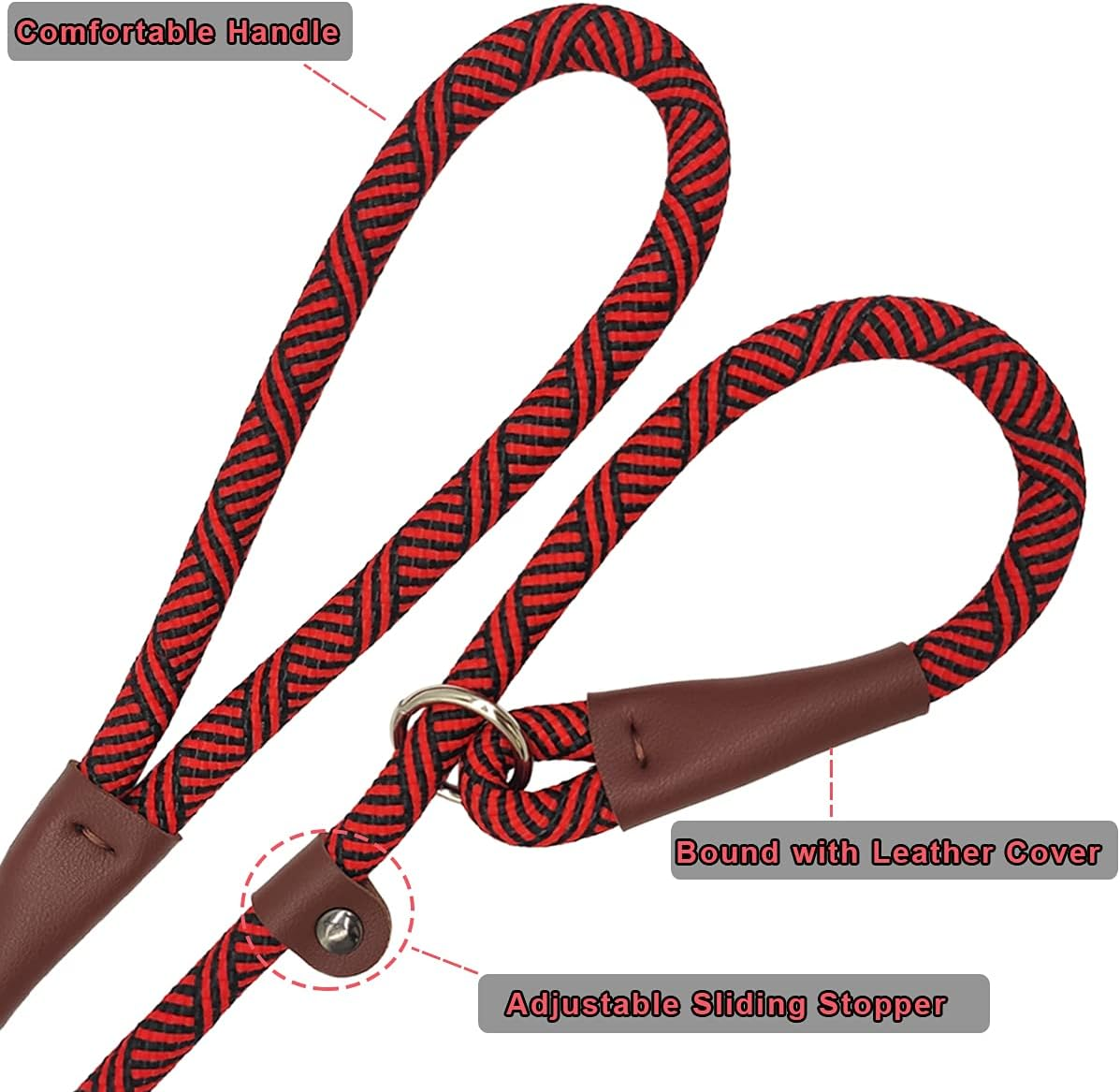 SEPXUFORE 3 FT Slip Lead Dog Leash, 1/2 Inch Rope Dog Walking and Training Lead, No Pull Strong Nylon Leash Great for Medium and Large (Red)