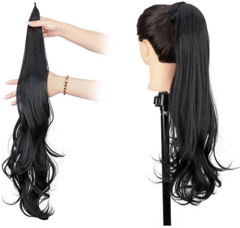 Flexible Wrap around Long Curly Ponytail Extension 32Inch Kinky Ponytail for Black Women Natural Black Pony Tails Hair Extensions for Women (Black, 32Inch)