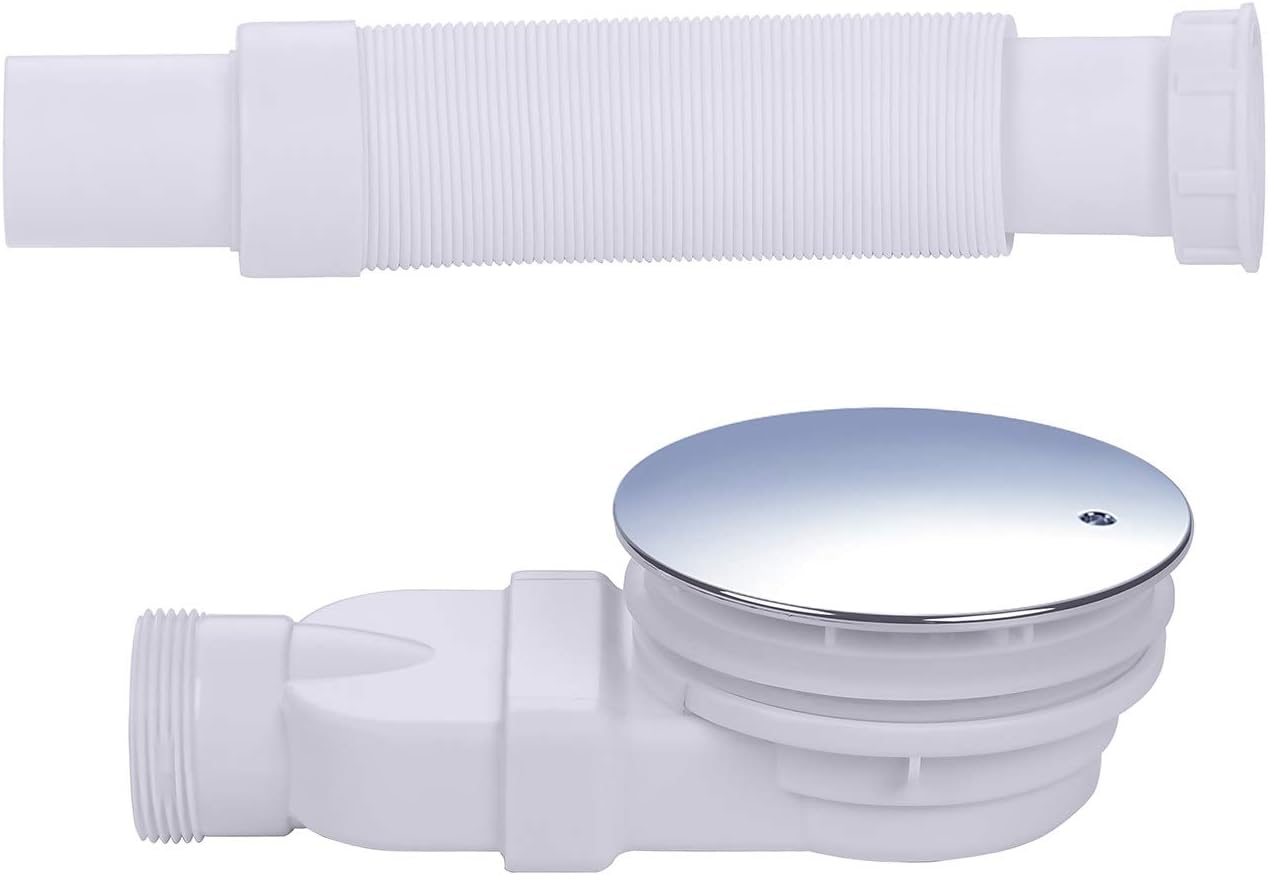IMPTS Shower Drain Fitting, 90 Mm, Extra Flat Drain Hole Set for Shower Tray, Siphon with Odour Stop, Hair Strainer, Flex Hose, Chrome Cover image number 5