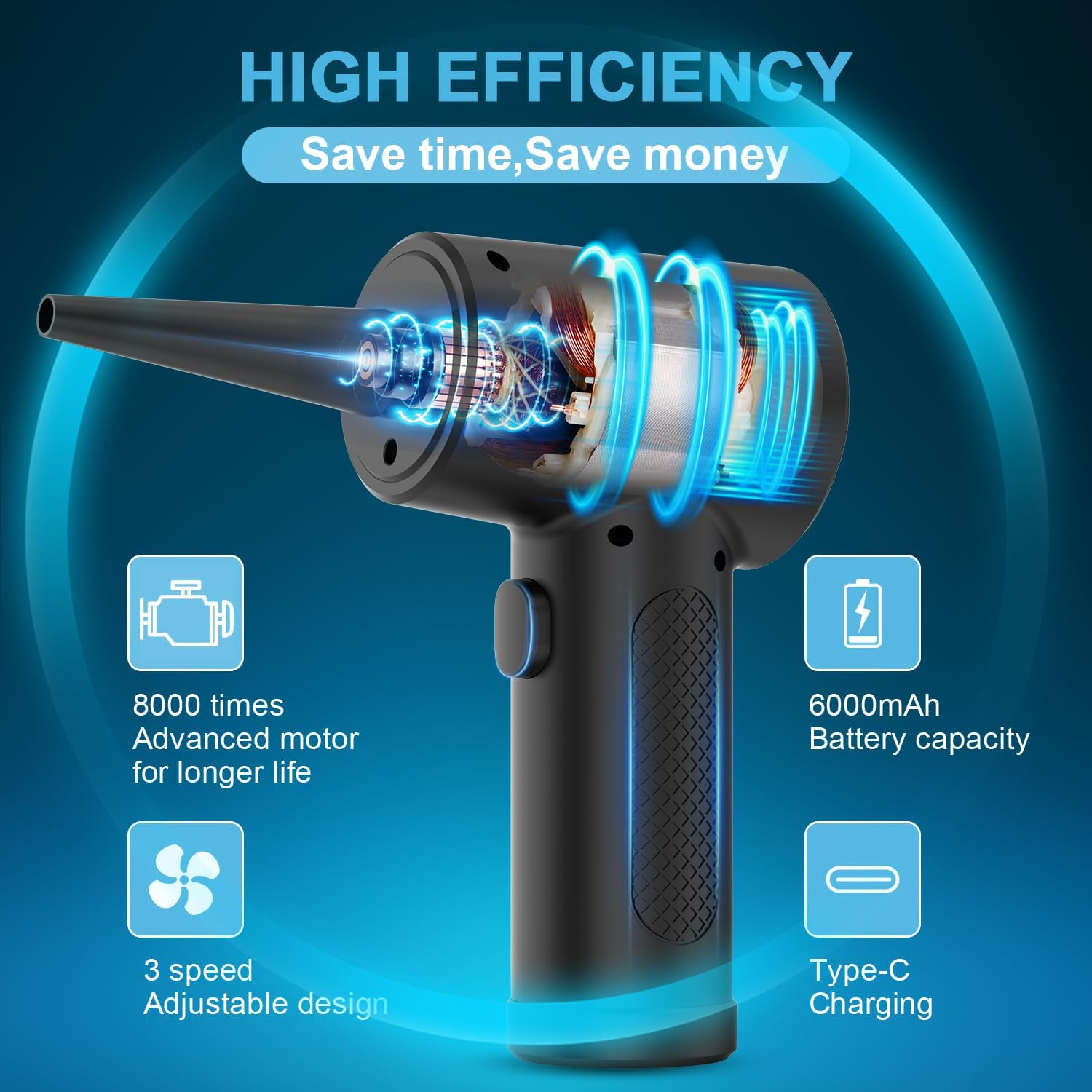 Compressed Air Duster Cleaner for PC, Electric Air Blower for PC Cleaning, 3-Speed Cordless 91000 RPM Rechargeable Reusable Compressed Air Cleaner for Laptop Computers Keyboard image number 5