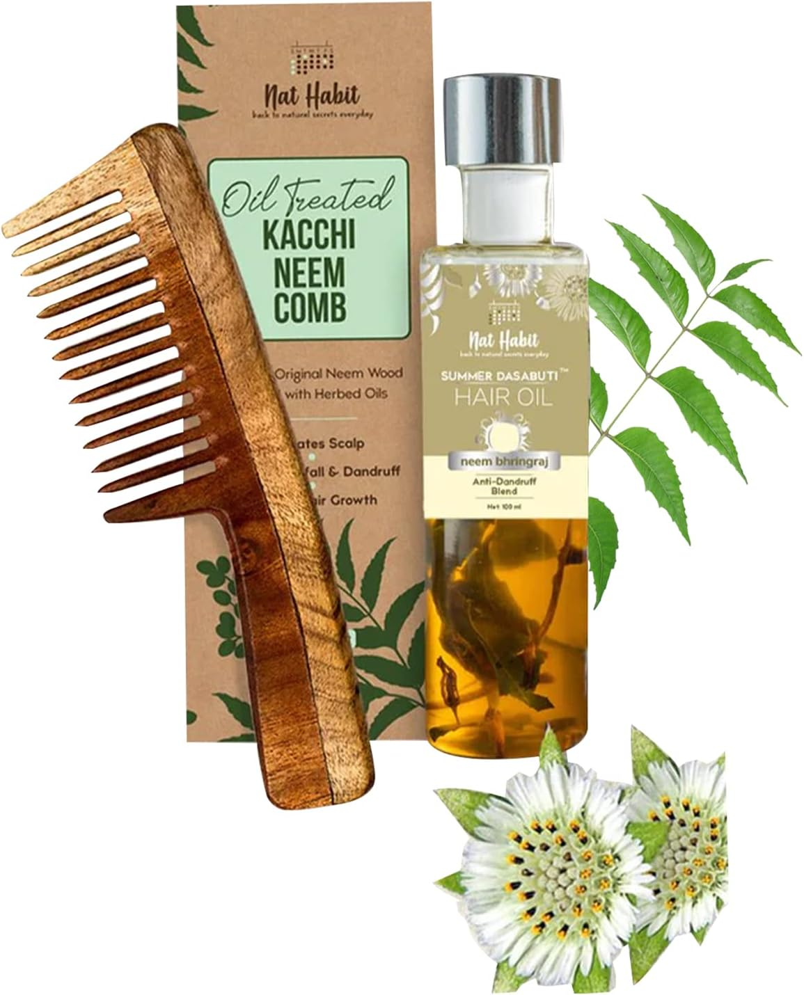 Nat Habit Wide Tooth Wooden Kacchi Neem Comb & Neem Bhringraj Dasabuti Hair Oil for Dry and Frizzy Hair, with Castor, Coconut & Amla - Combo Pack of 2