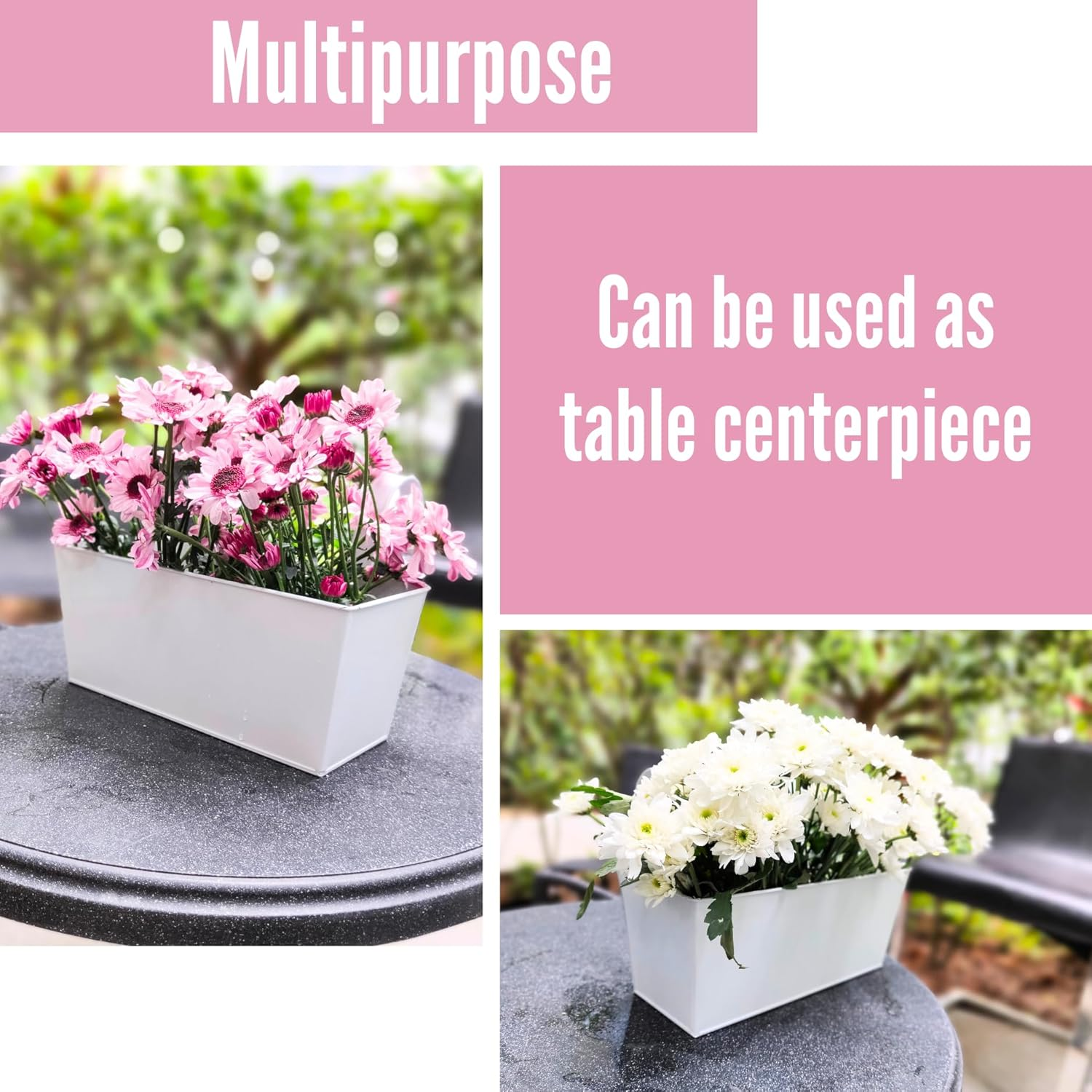 Lalagreen Rail Planter Box (4 Pack, 16 Inch) Large White Metal Hanging Flower Pots, Rectangle Outdoor Strawberry Plant Holder Window Balcony Deck Railing Fence Minimalist Farmhouse Countryside Style image number 4