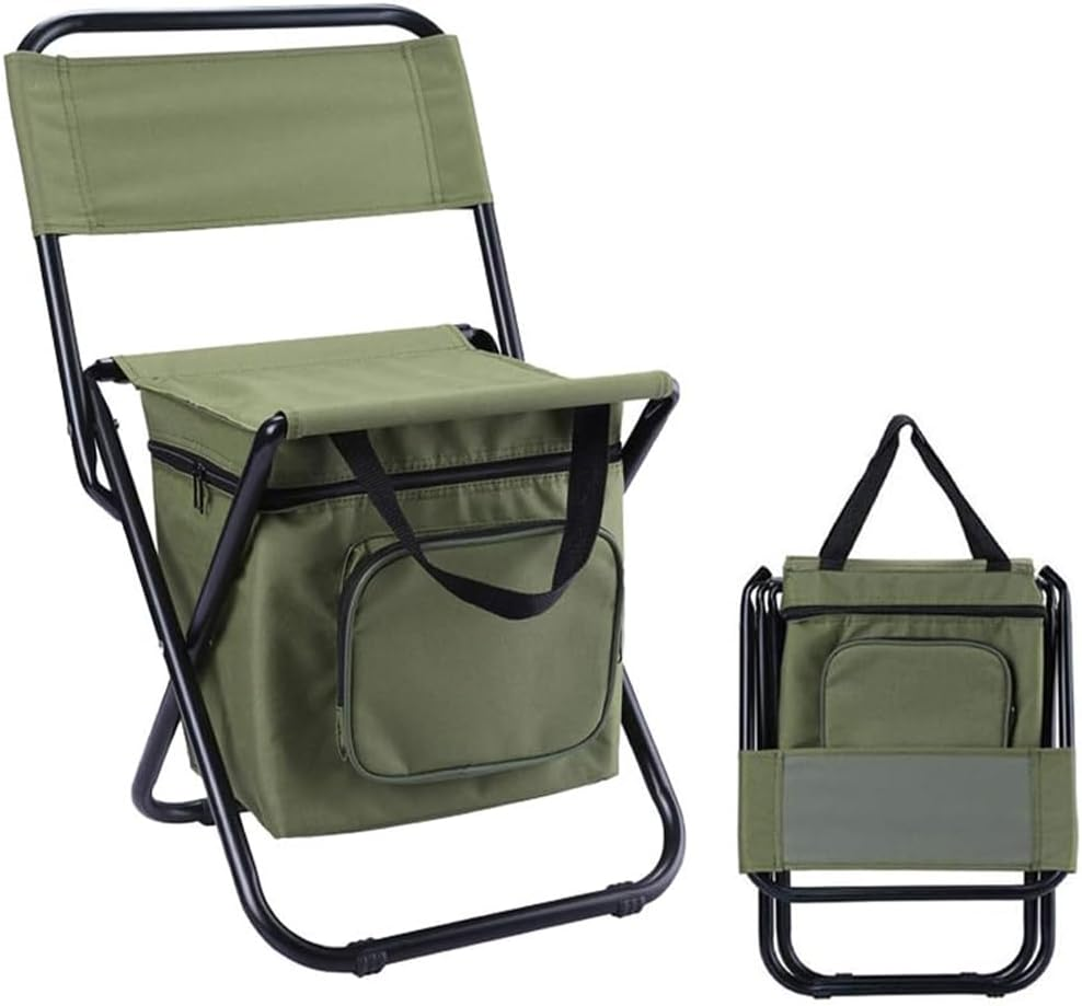 Camping Fishing Stool, Outdoor Folding Chair, Hiking Portable Seat, Chair with Cooler Insulated Picnic Bag, Stool for Camping Hunting Fishing (Green, 32 * 31 * 58CM) image number 3