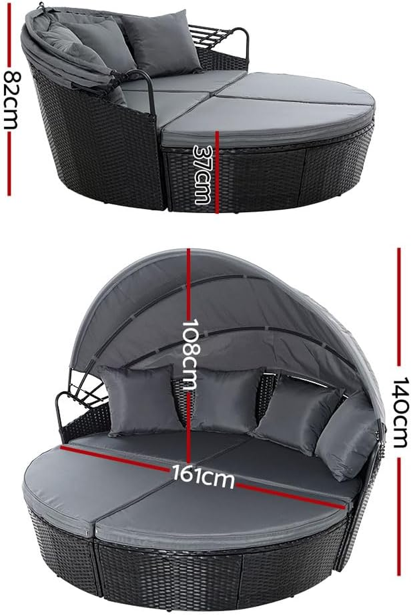 Gardeon Sun Lounge Camping Chair Wicker Folding Day Bed Rattan Lounger, Beach Chairs Sofa Outdoor Furniture Garden Patio Setting Pool Backyard, with Canopy Cushion Pillow Modular Design Black Set of 3 image number 6