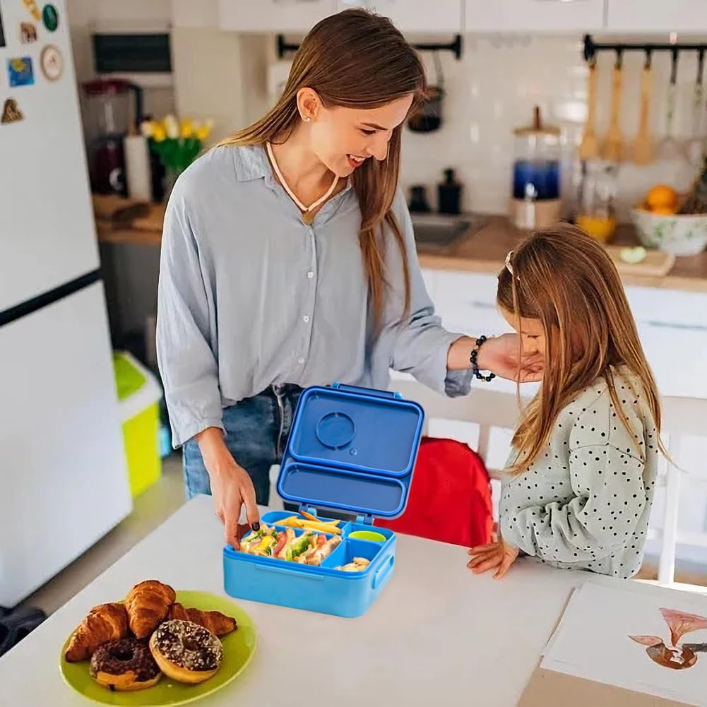 Bento Box for Kids & Adults, Insulated Leak-Proof Lunch Box with Insulated Food Jar for Hot Food, 4-Compartments Lunch Container with Cutlery and Snack Box for School Outdoors Office (Blue)