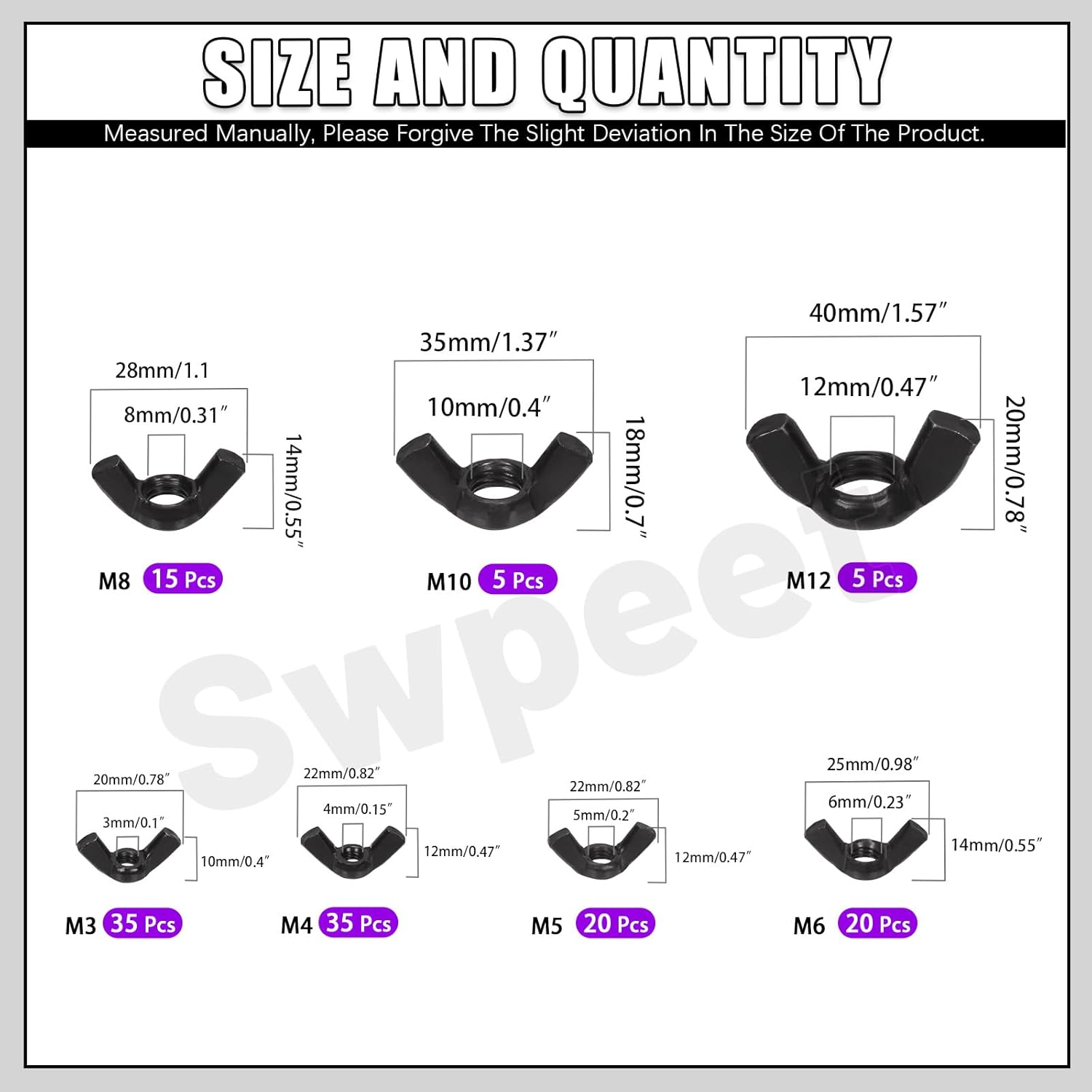 Swpeet 135Pcs Black High Strength Carbon Steel Serrated Metric Wing Nuts Butterfly Nuts Hex Dome Cap Assortment Kit, 7 Sizes - M3 M4 M5 M6 M8 M10 M12 image number 2