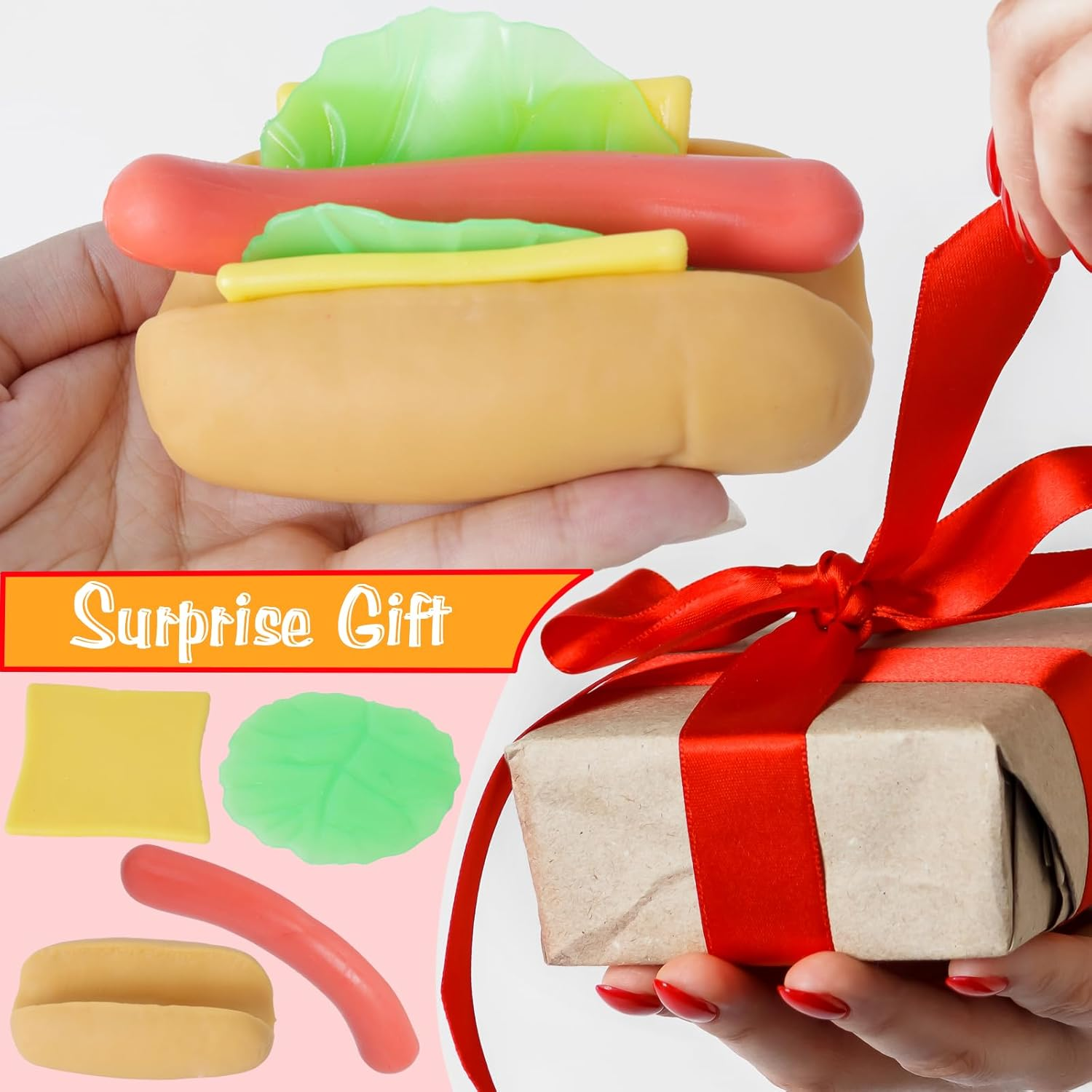 Hot Dog Toy 4 Layers Detachable Hot Dogs Burger Stress Relief Stretch and Squeeze Stress Toys Simulation Food Squishies Birthday Gift for Kid (Hot Dog) image number 4